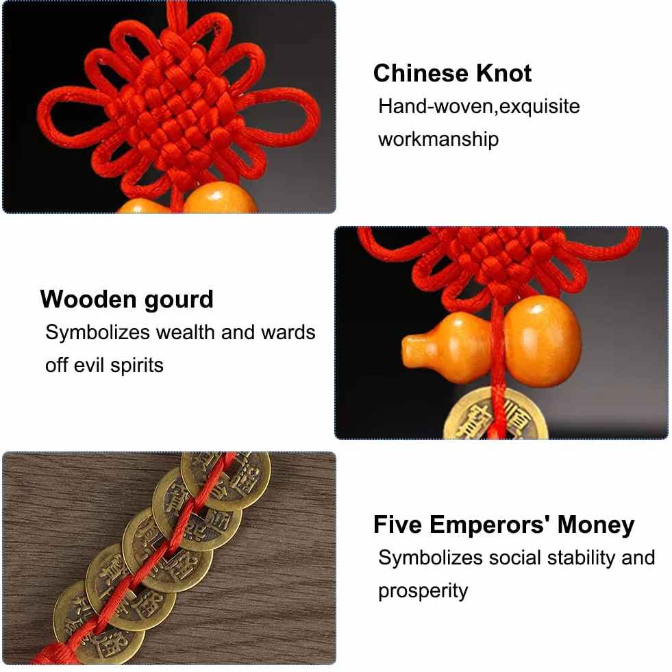 Encantos de Monedas de Suerte Cinco,Monedas Feng Shui Chinas,Monedas Chinas de la Suerte,con Nudo Chino Rojo I-Ching Suerte Cobre,para Salud Éxito Riqueza,18 Piezas