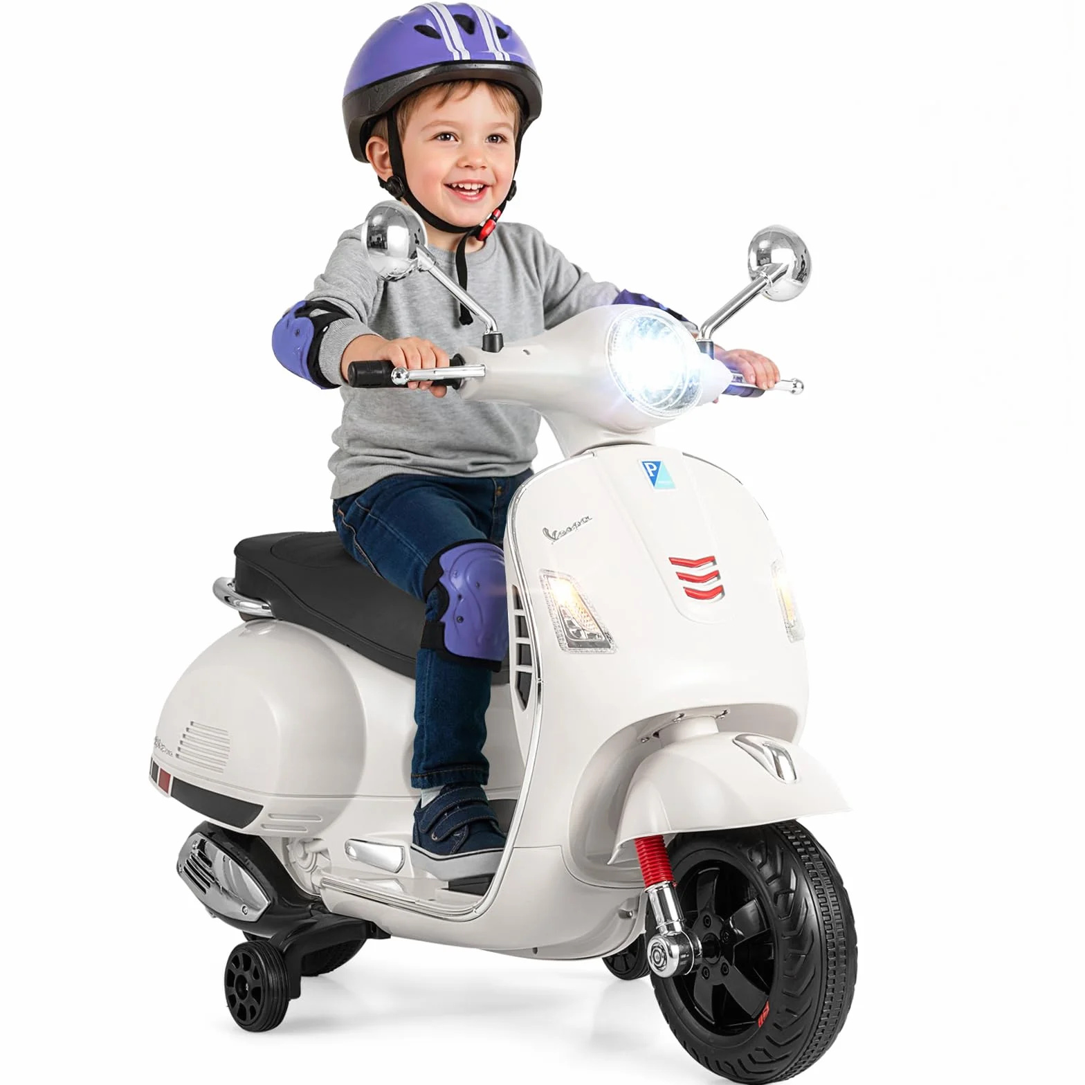 COSTWAY Moto Eléctrica para Niños Vespa 12V, 4 Ruedas, Música, Bocina, Faros, Motocicleta Infantil con Motor Doble, 3-6 Años