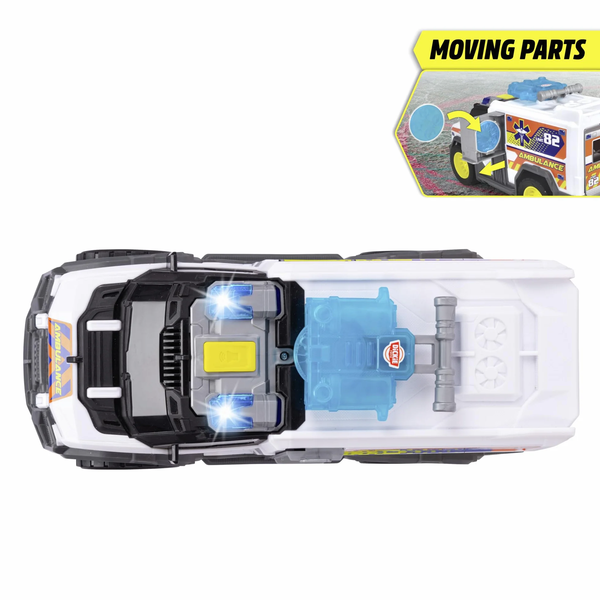 Dickie Toys City Heroes Ambulancia 30cm con luz y Sonido, rampa para Camilla,Compartimento de almacenaje y Lanzador de Discos. A Partir de 3 años (203306024)