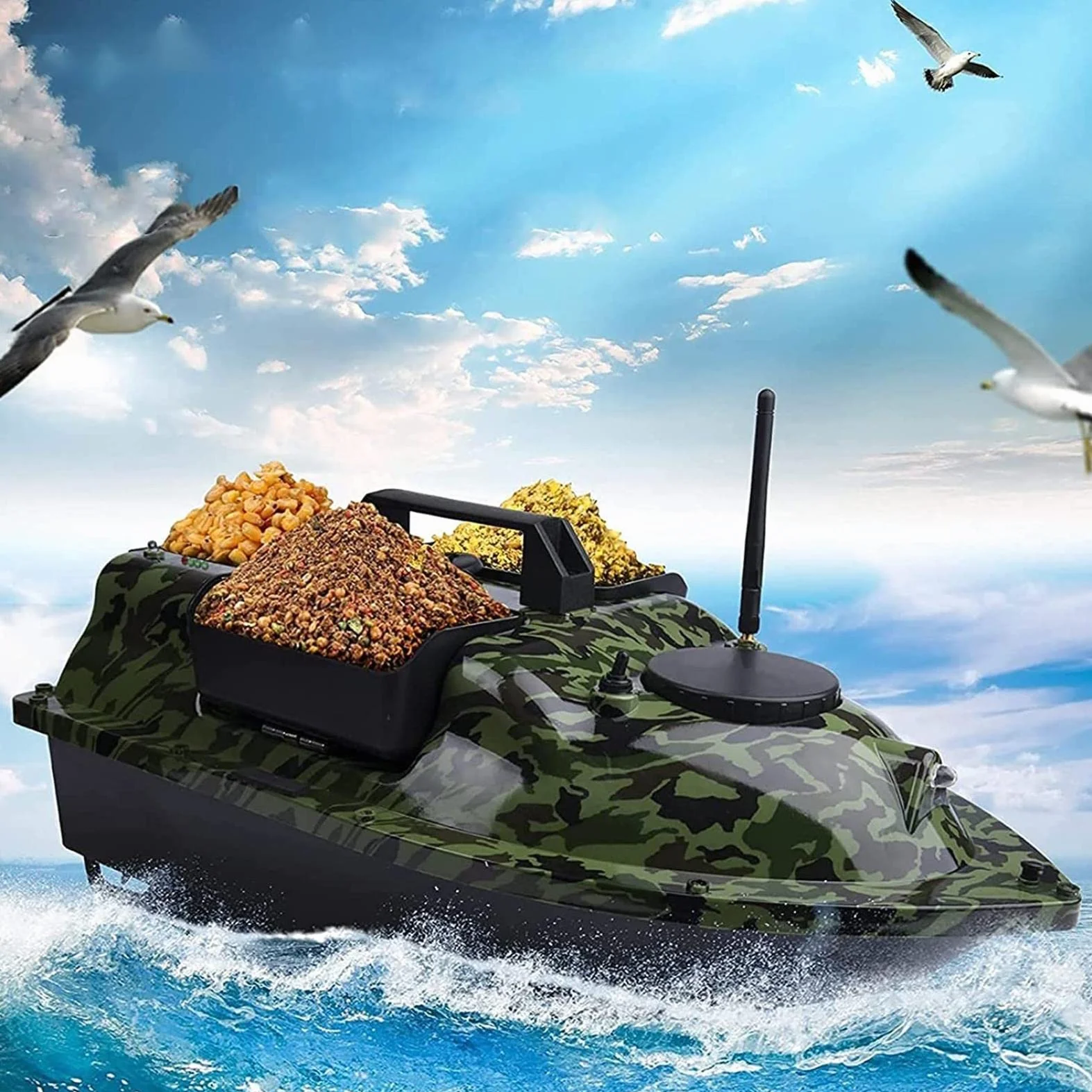 barco de Pesca Inteligente con Posicionamiento GPS, cebador carpfishing con 3 contenedores de Cebo y luz Nocturna, adecuado para la Pesca Nocturna