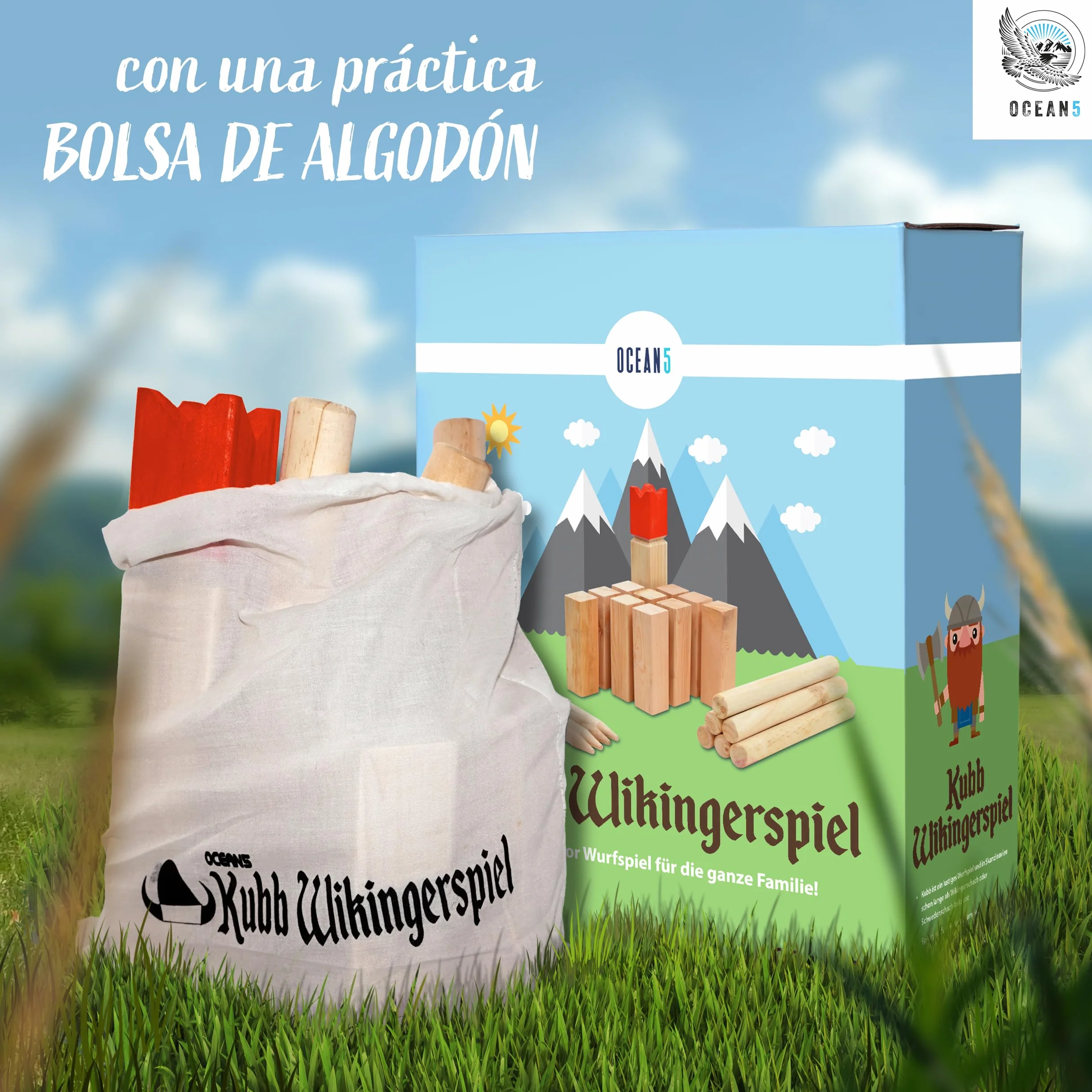 Ocean 5 Juego Kubb Original de Escandinavia – Ajedrez Vikingo con Corona Azul – Juegos Exterior Niños y Adultos – Juegos Infantiles Exterior para Lanzamientos - Juego Habilidad Adultos y Niños