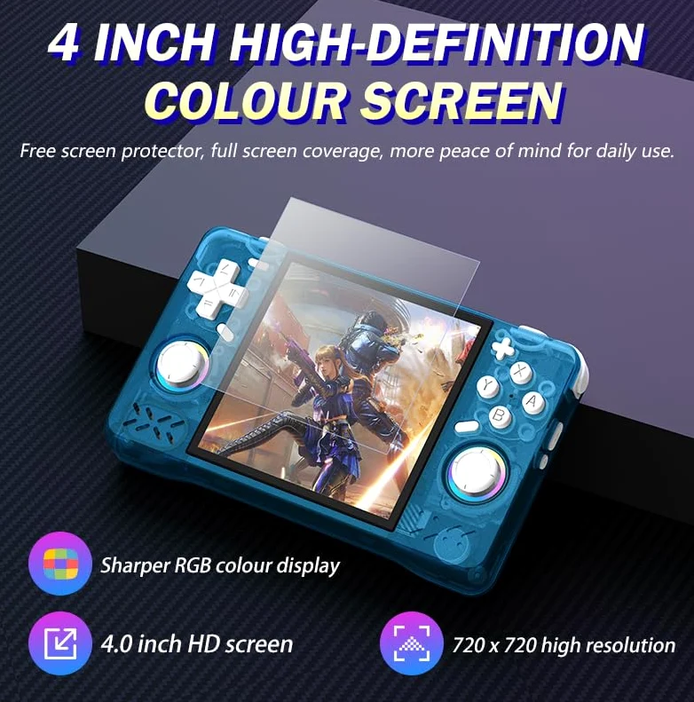 Nueva consola de juegos de mano retro, pantalla IPS de 4 pulgadas con bolsa de almacenamiento, 64 G integrada con 18000 juegos, sistema Linux, mini arcade de bolsillo portátil (gris, 128 g)