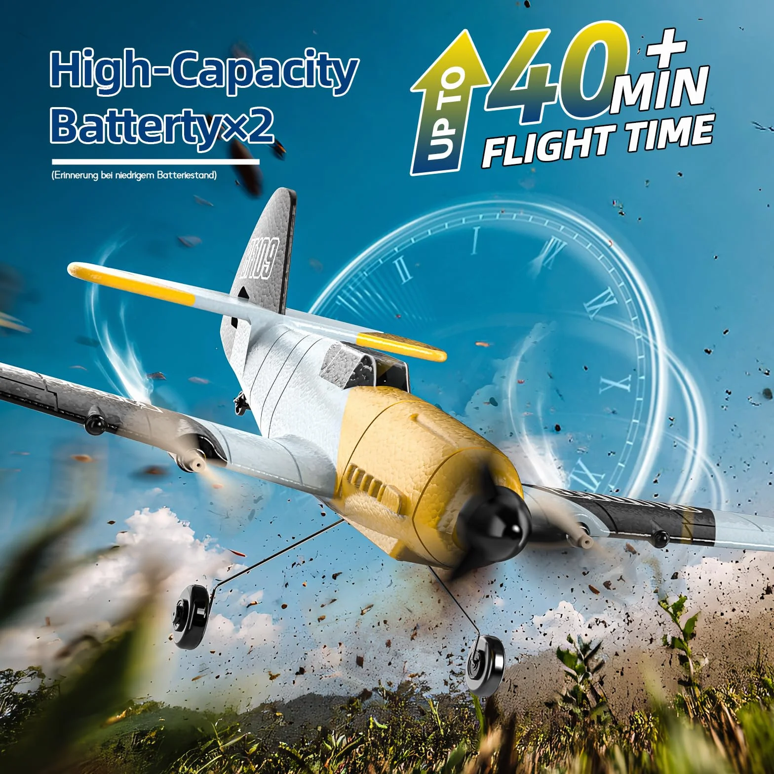 DEERC Avión RC de 3 Canales BF-109 RC Fighter Toy, 2,4 GHz, estabilizador giroscópico de 6 Ejes, Planeador RTF con 2 baterías, Adecuado para Adultos, niños, Principiantes para Volar…