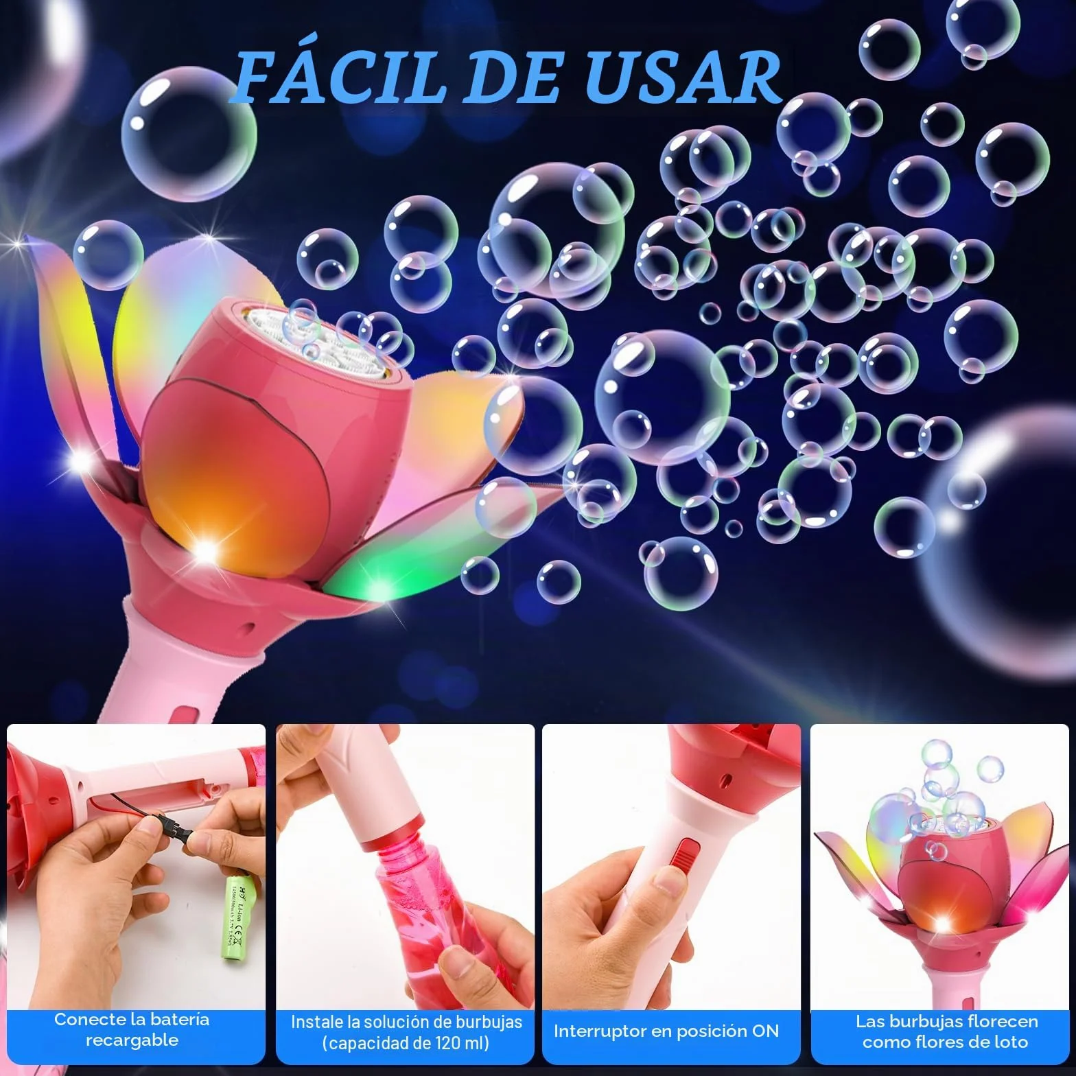 Flor de Loto Máquina de Burbujas, Pistola de Burbujas para Niños 10000+ Burbujas/Minuto, Pistola Pompas de Jabon Niños con 120ml solución y 8X 10ml Concentrado de Burbujas