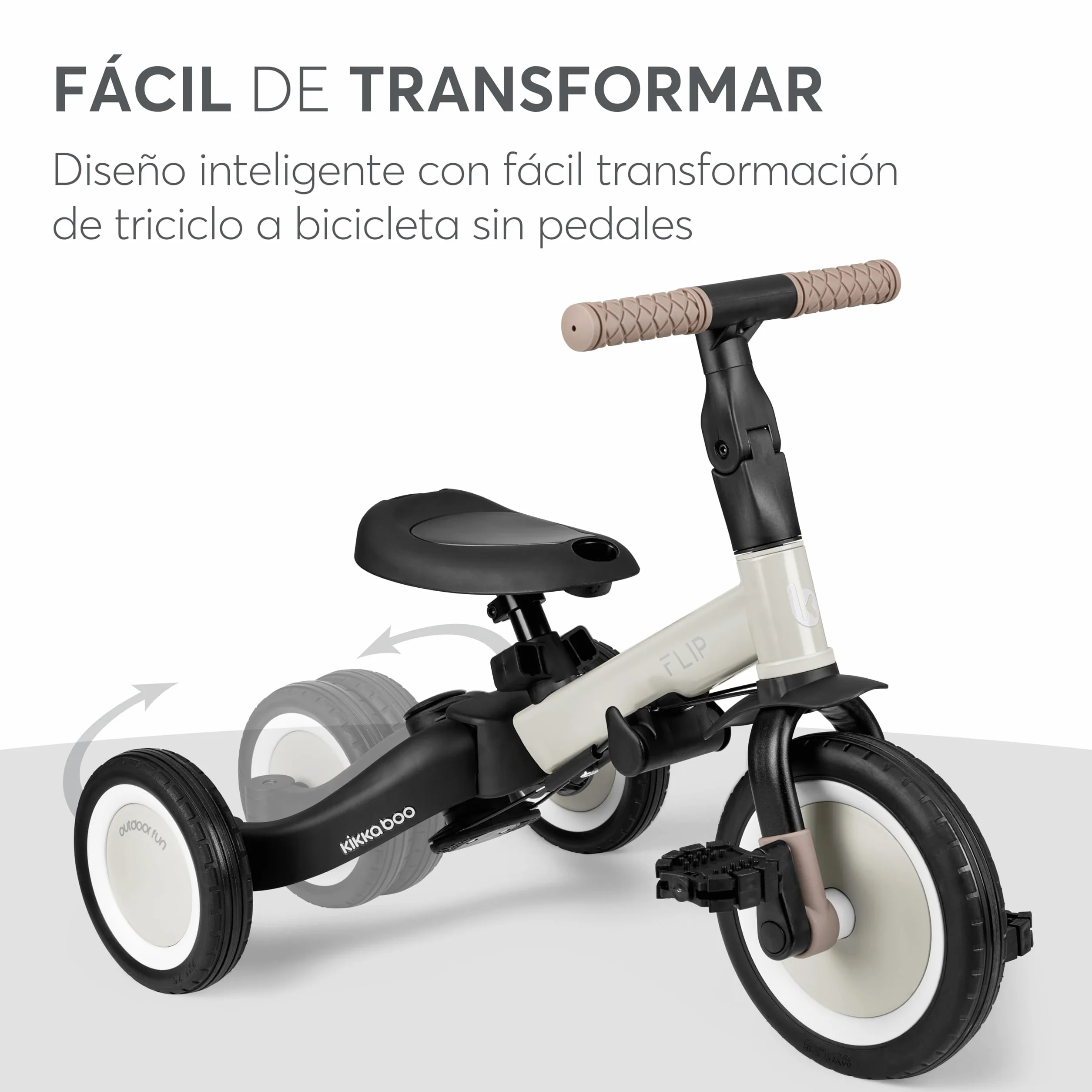 KikkaBoo FLIP, Triciclo Evolutivo de Bebé 5 en 1, Bicicleta con o sin Pedales, Ajustable y Transformable, Beige, Desde 1 Año Hasta 5 Años