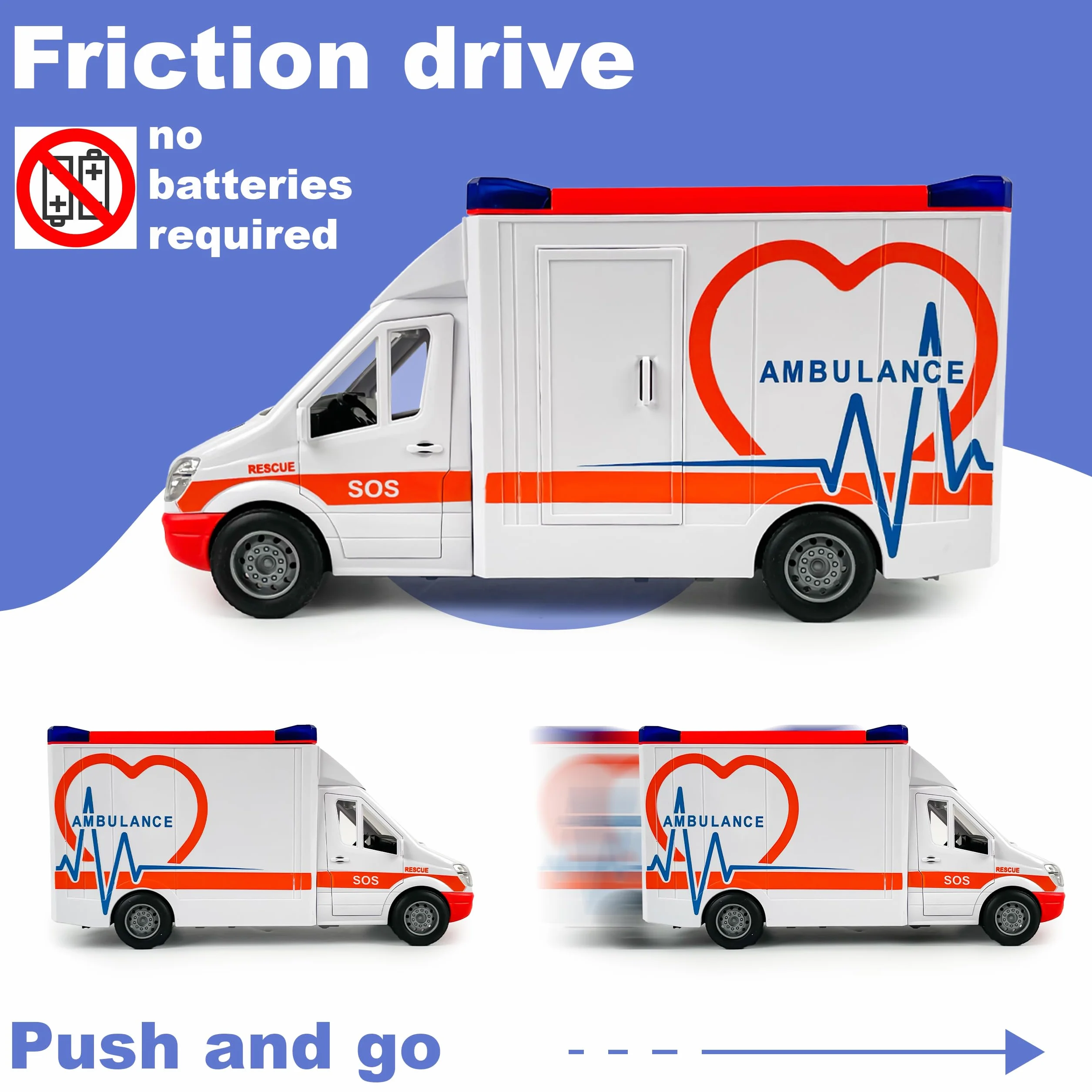 CELMAN Juguete de ambulancia, ambulancia ambulancia con camilla, portón trasero para abrir, luz y sonido, coche de juguete grande para niños a partir de 3, 4, 5, 6, 7, 8 años