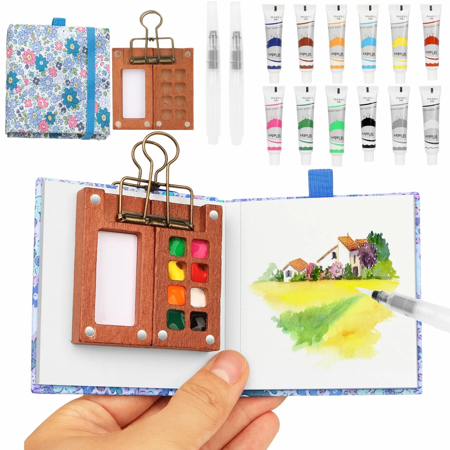 Mini Set de Acuarelas con Cuaderno y Pintura, Paquete Completo Acuarela 12 Colores Paleta Madera mini juego viaje papel acuarela, bolígrafos, clip, 8 cuadrículas para pintores, (Azul)