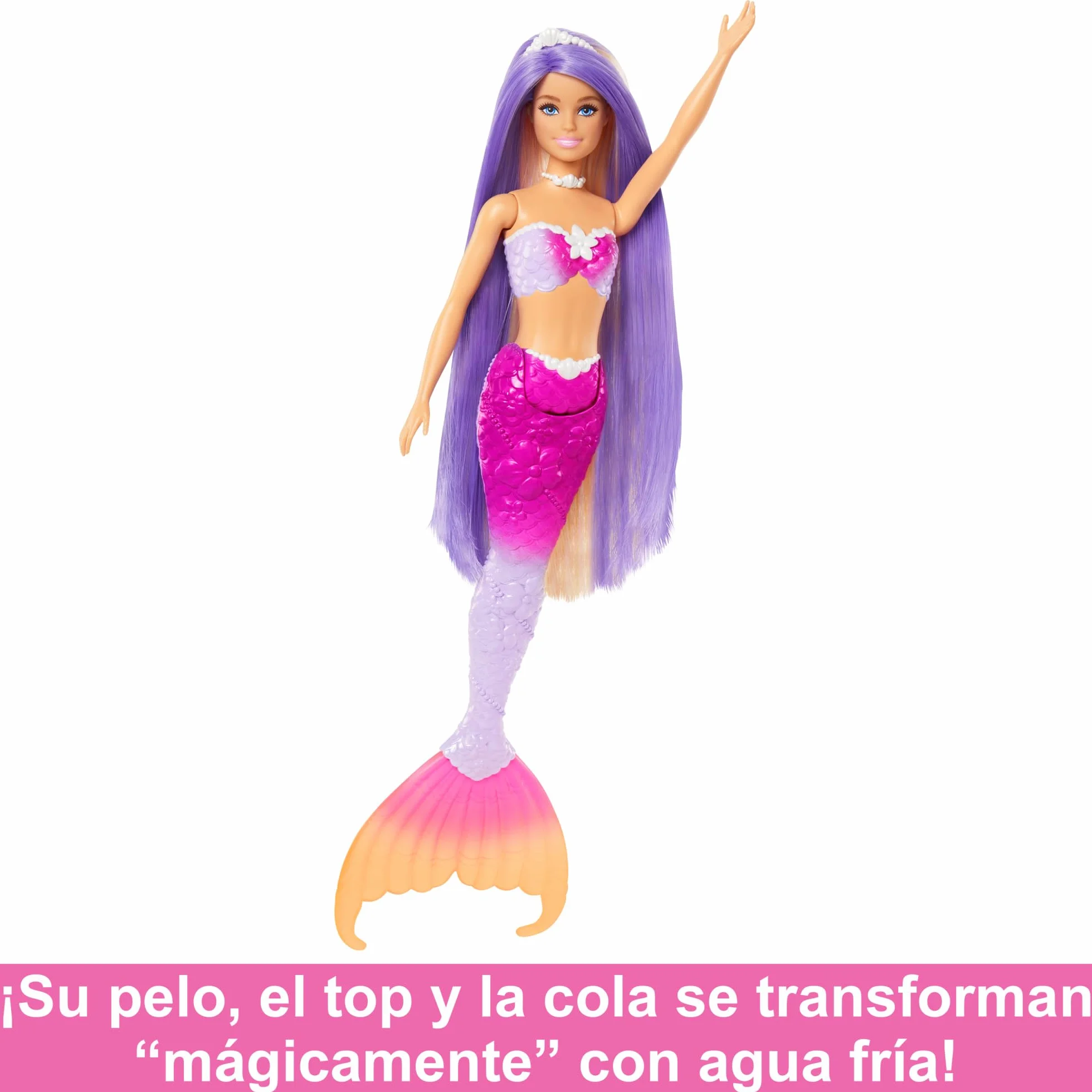 Barbie Muñeca sirena Malibú que cambia de color con el agua con accesorios de moda y delfín, serie Un toque de magia, juguete +3 años (Mattel HRP97)