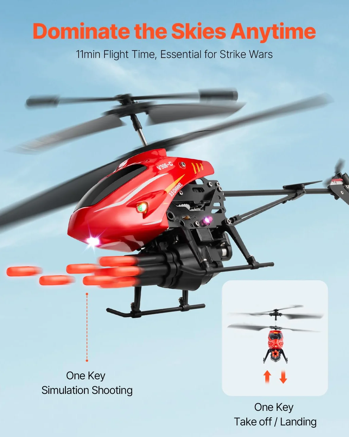 VEVOR Helicóptero de Control Remoto de 2,4 GHz 3,5 Canales con Modo de Disparo, Retención de Altitud Despegue/Aterrizaje con una Sola Tecla y Luces LED Juguete para Niños Mayores de 14 Años