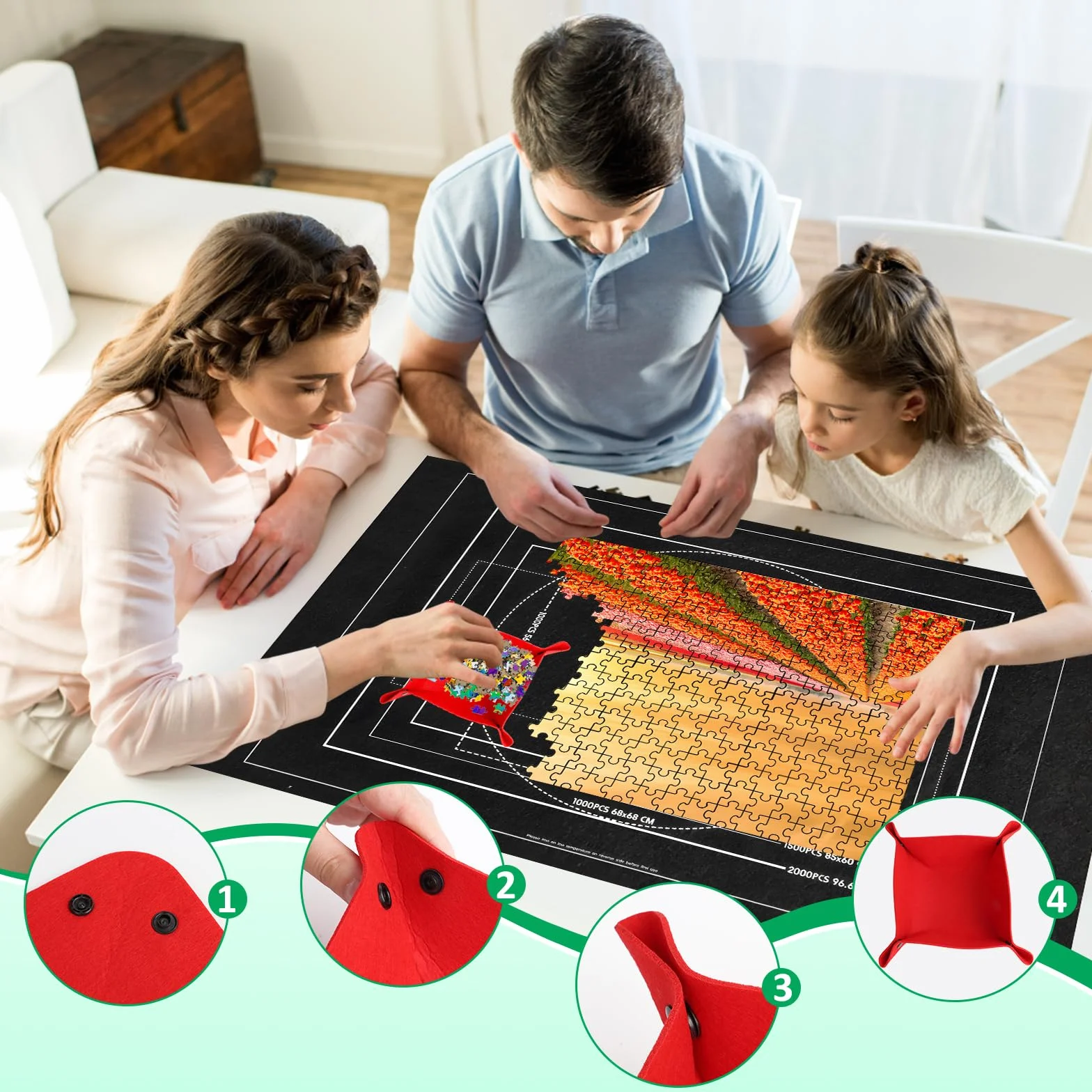 Tapete Puzzle 1500 Piezas, Alfombra Puzzle Enrollable, Estera de Fieltro 116x66cm, Negro