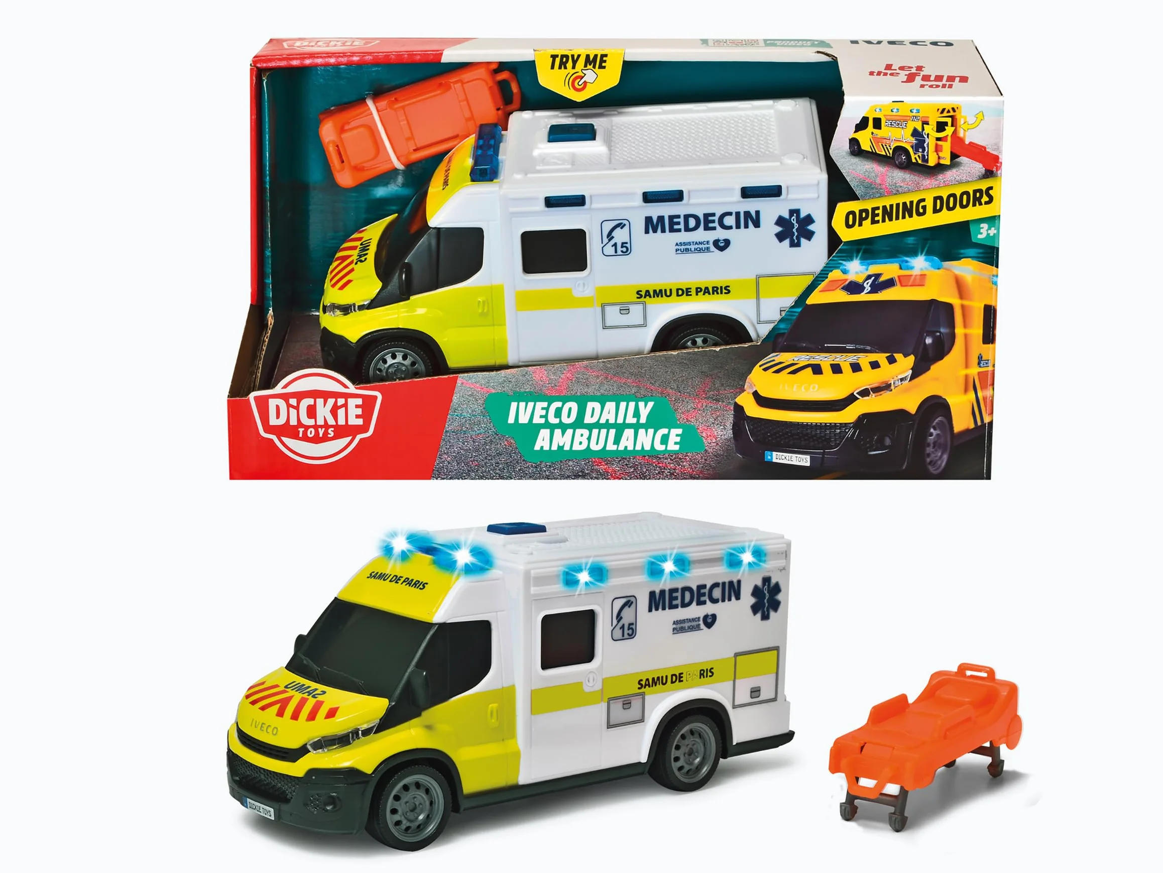Dickie Ambulance Samu 18 cm – Vehículo Escala 1/18 – Sonidos y Luces – Camilla incluida – A Partir de 3 años – 203713014002