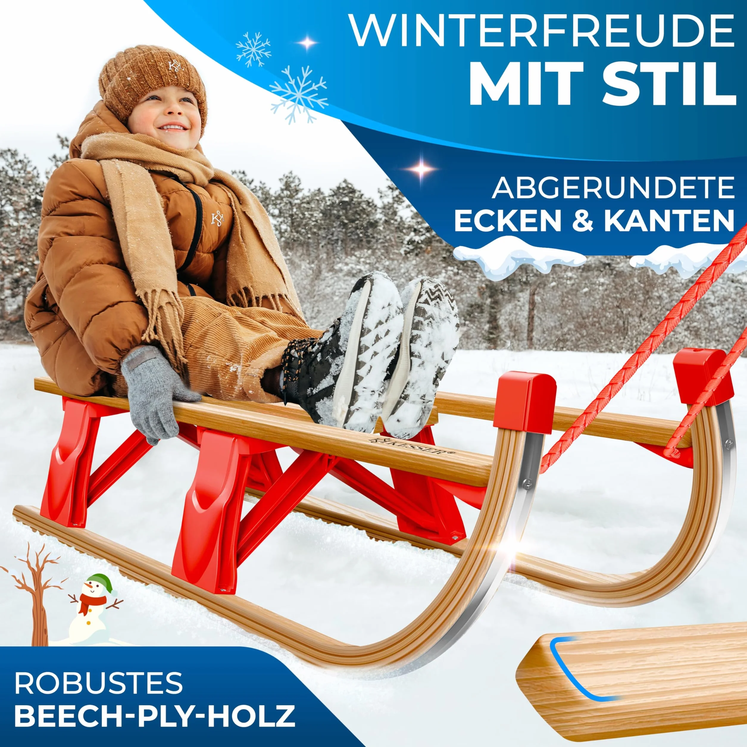 KESSER® Trineo de Madera Premium, Trineo Plegable para niños, Trineo de Madera de Haya Plegable para niños con Cuerda de Arrastre y Cuchillas de Metal.