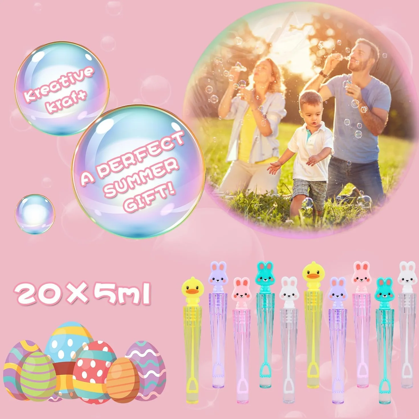 SULOLI 20 Piezas Mini Pompas de Jabón，Palitos de Burbujas de Pascua，Burbuja Varita de Burbujas para Cumpleaños Infantiles, Bodas，Pascua，Exteriores Juguetes para Niños (5 Estilos