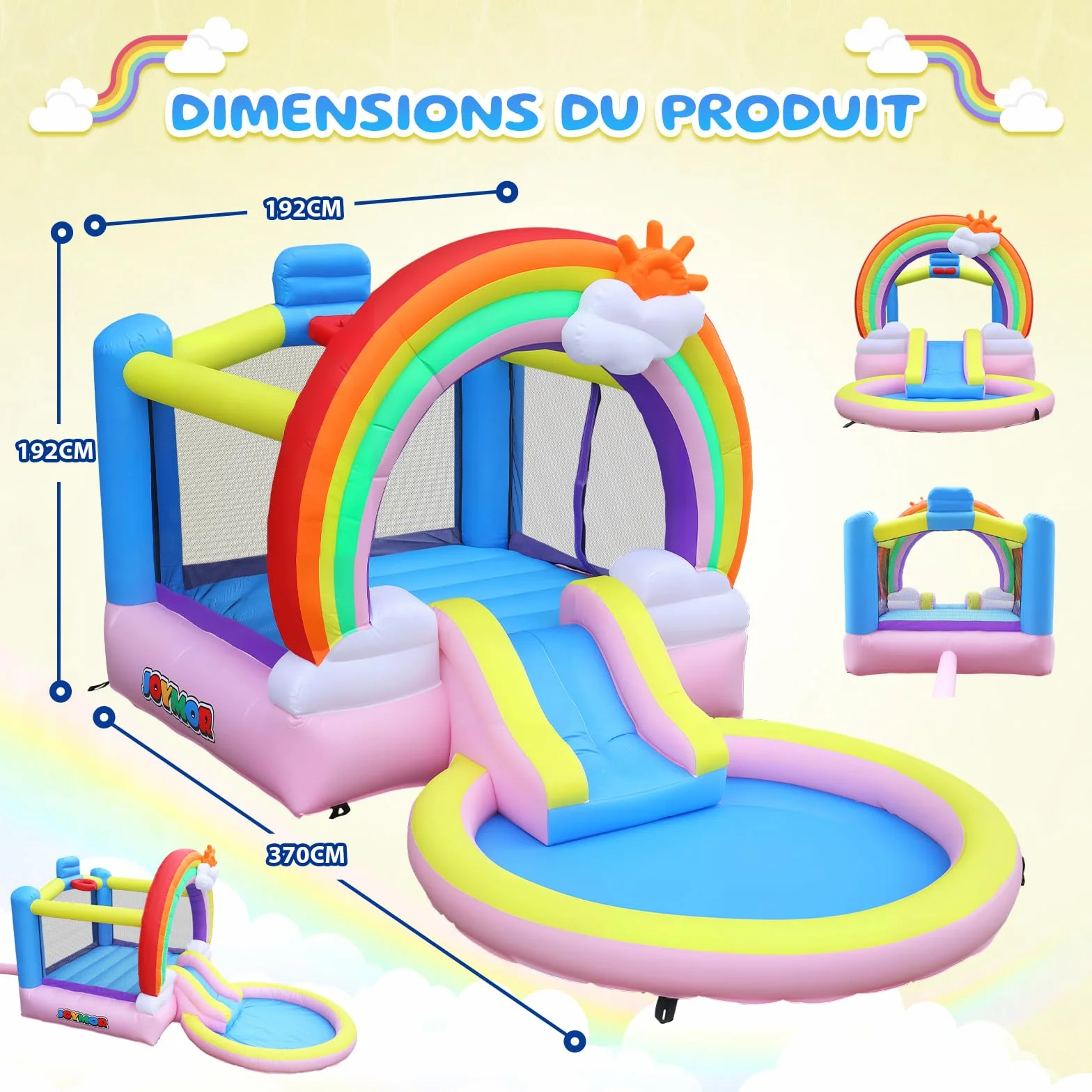 Bonnlo Tobogán Hinchable Infantil con Piscina, 370x192x192 cm, Cama Elástica y Diseño Arcoíris Nubes, Parque Inflable para Jardín Exterior e Inretior, Oxford 420D+840D