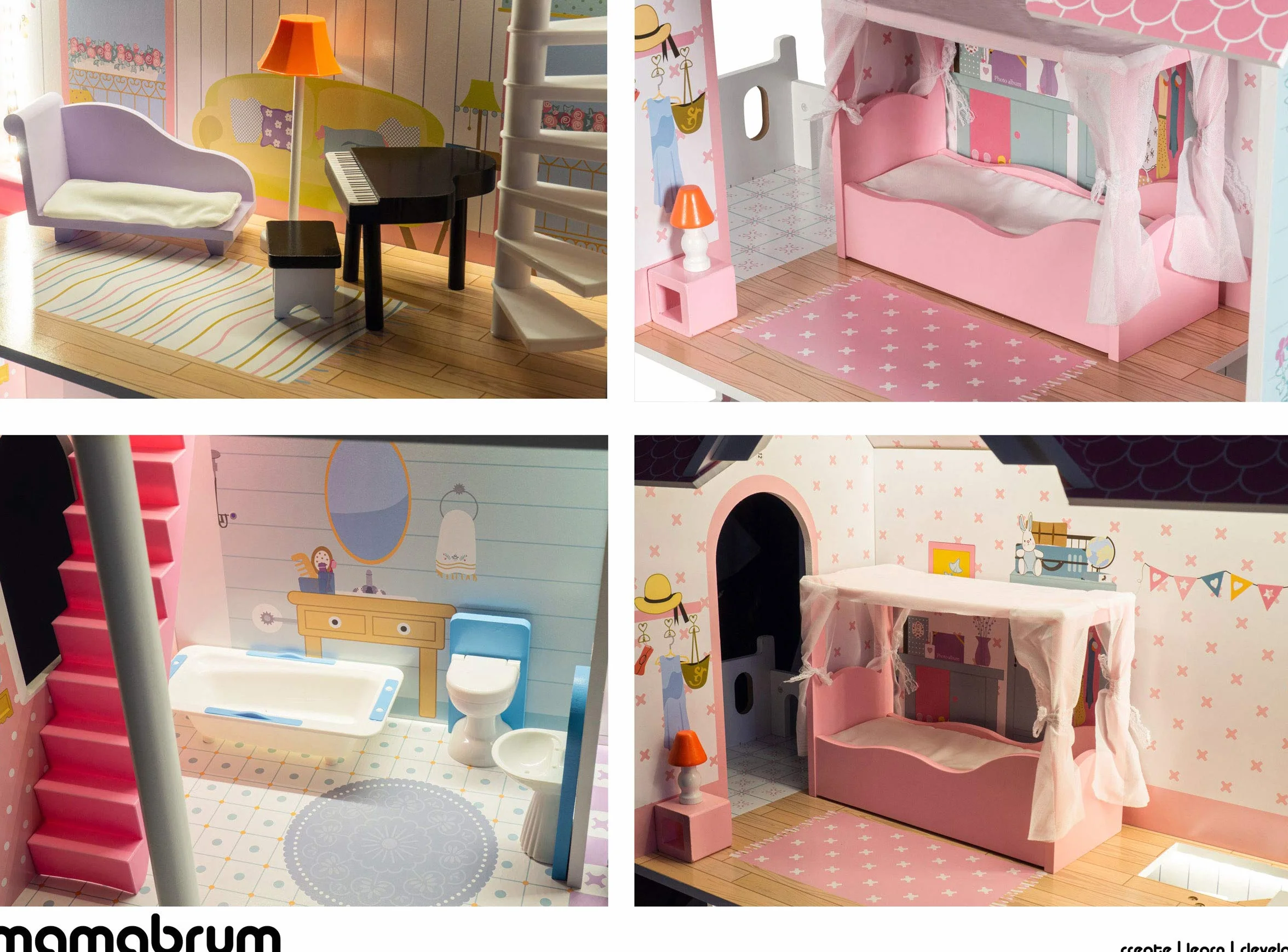Mamabrum Casa de Muñecas de Madera XXL con LED – Casita de Muñecas de 3 Pisos con Muebles, Jardín y Accesorios – Casa de Barbie de Madera Educativa para Niñas +3 Años