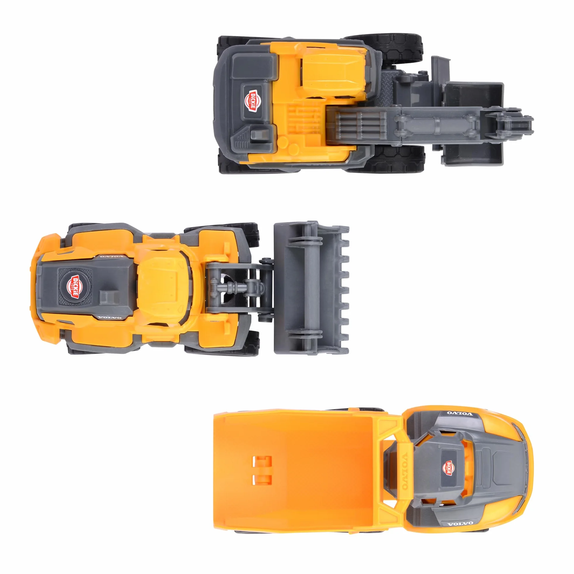 Dickie Toys- Vehículos de Obras Volvo Set Construcción, 3 Vehículos Juguete (Excavadora, Pala cargadora, volquete) para Niños, 16cm, Ruedas Giratorias y Piezas Móviles. A Partir de 3 años (203722015)