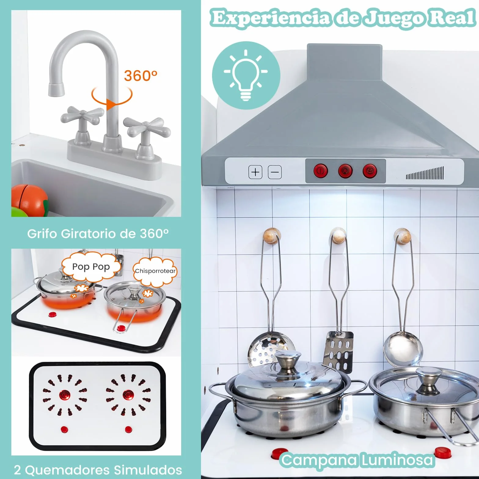 COSTWAY Cocina Juguete Infantil, Cocinita de Madera Infantil 3 en 1 con Refrigerador, Lavadora, Máquina de Hielo, Estufa, Fregadero, Horno, Microondas, Cocina Juguete con Luces y Sonidos (Gris)