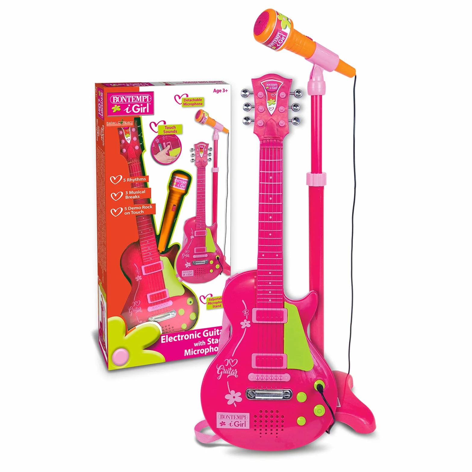 Bontempi | ElectroGroove con Micrófono - Guitarra Rock Electrónica para Vibraciones Potentes y Ritmos Innovadores, Rosa, 225x225x1120 mm