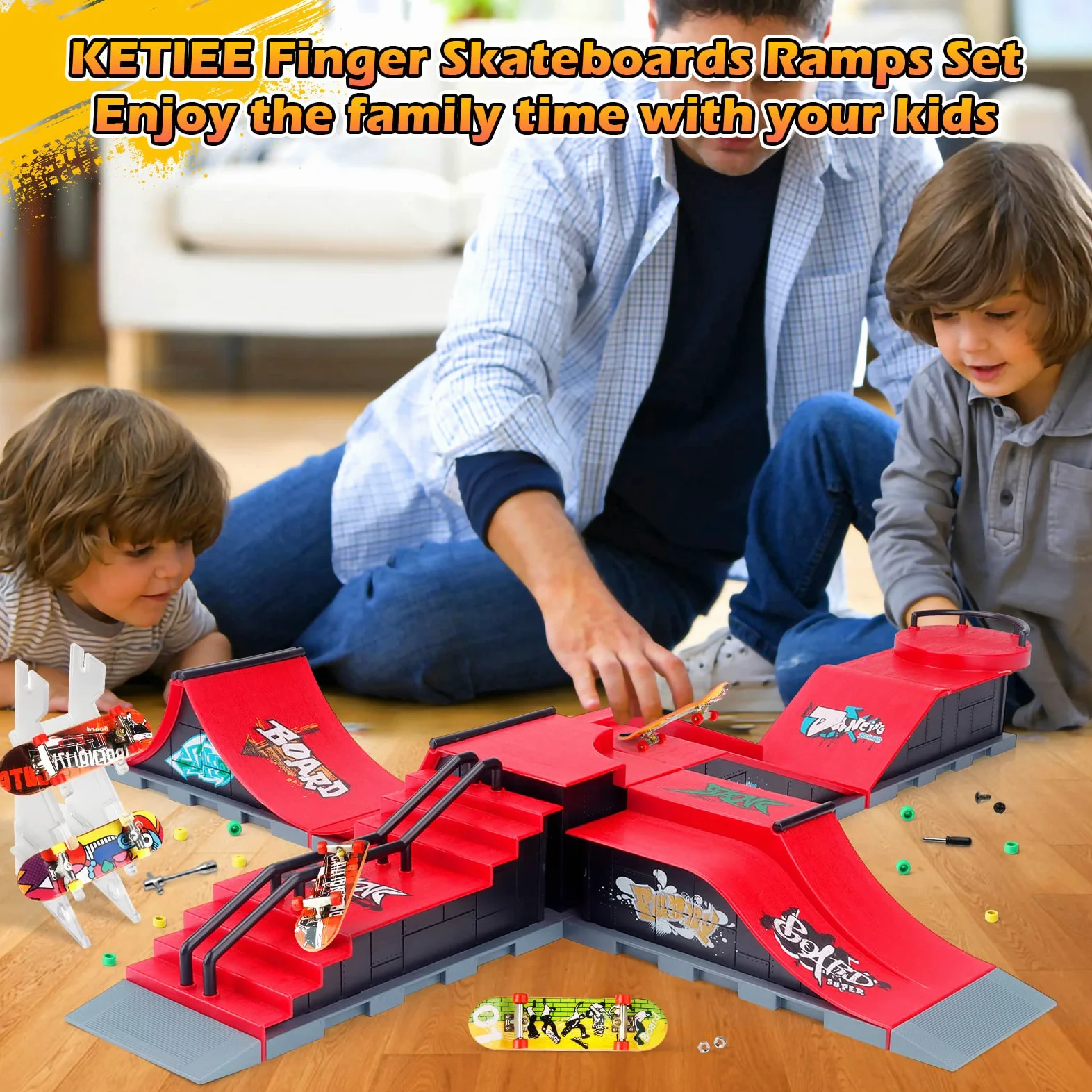 KETIEE 6 Piezas Finger Skate Park Kit Juego de minimonopatín de Dedo con rampa y Otros Accesorios Diapasón de rampa Parque Juguete para Niños (6 IN 1)