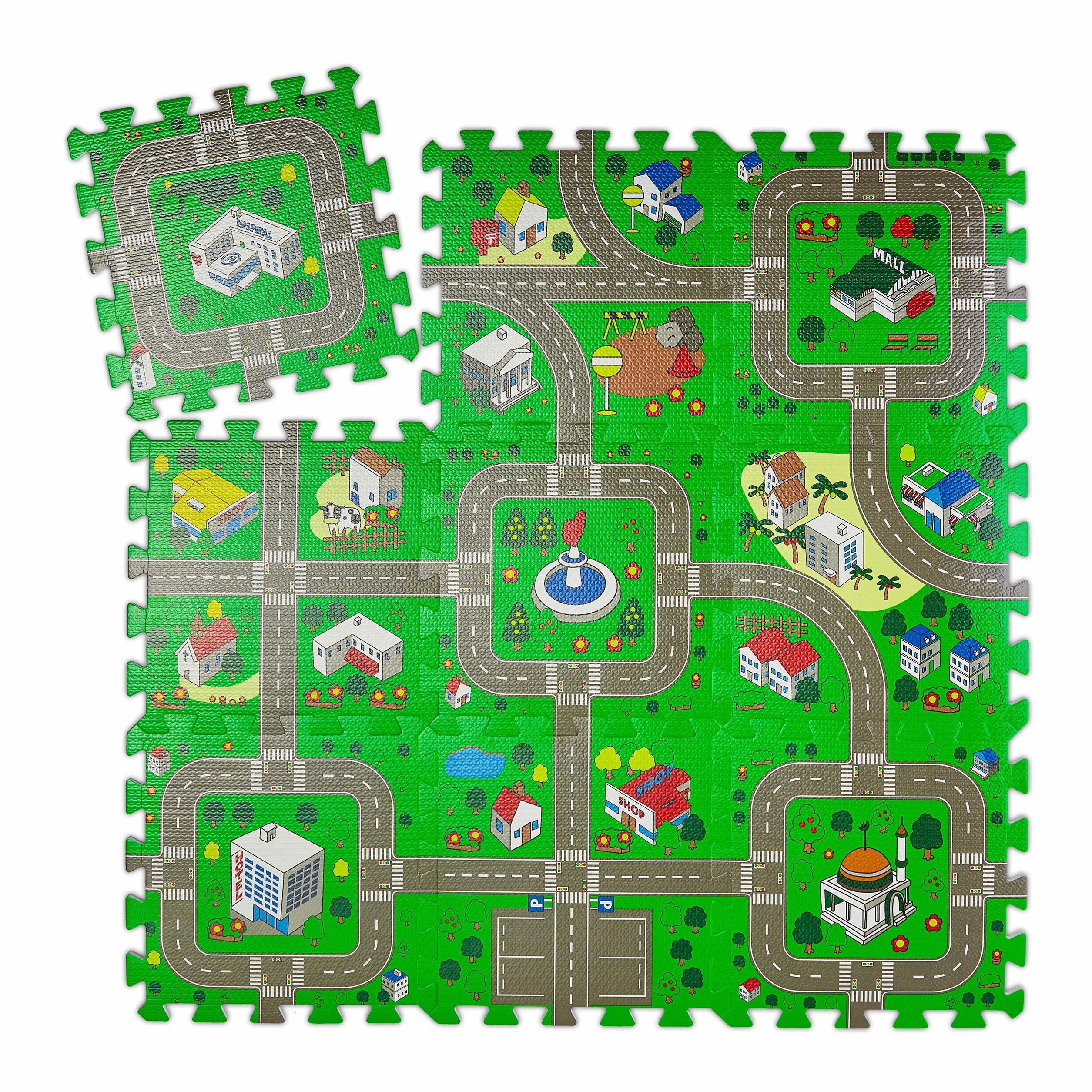 Relaxdays Alfombra Puzzle Ciudad, Alfombrilla Juego 9 Piezas, Niños y Bebés, Goma EVA, sin Tóxicos, 90x90 cm, Multicolor