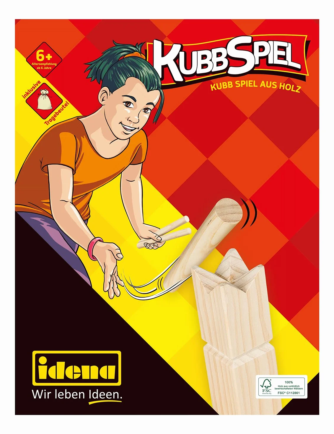Idena 40175 Nordmann Juego de Lanzamiento 10 Cubos 6 Maderas Rey 4 Barras Bolsa Transporte