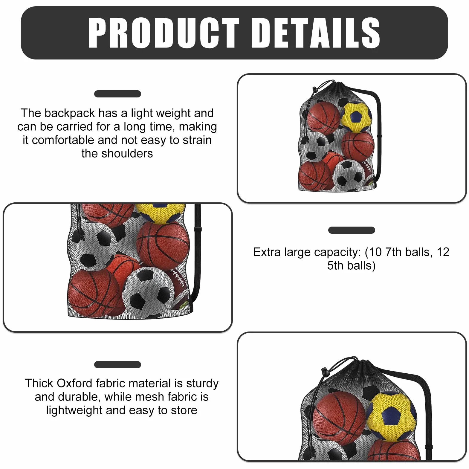 Saco de Malla para Pelotas 75x100 cm con Cordón para 10-15 Bolas Baloncesto Fútbol Voleibol Negro
