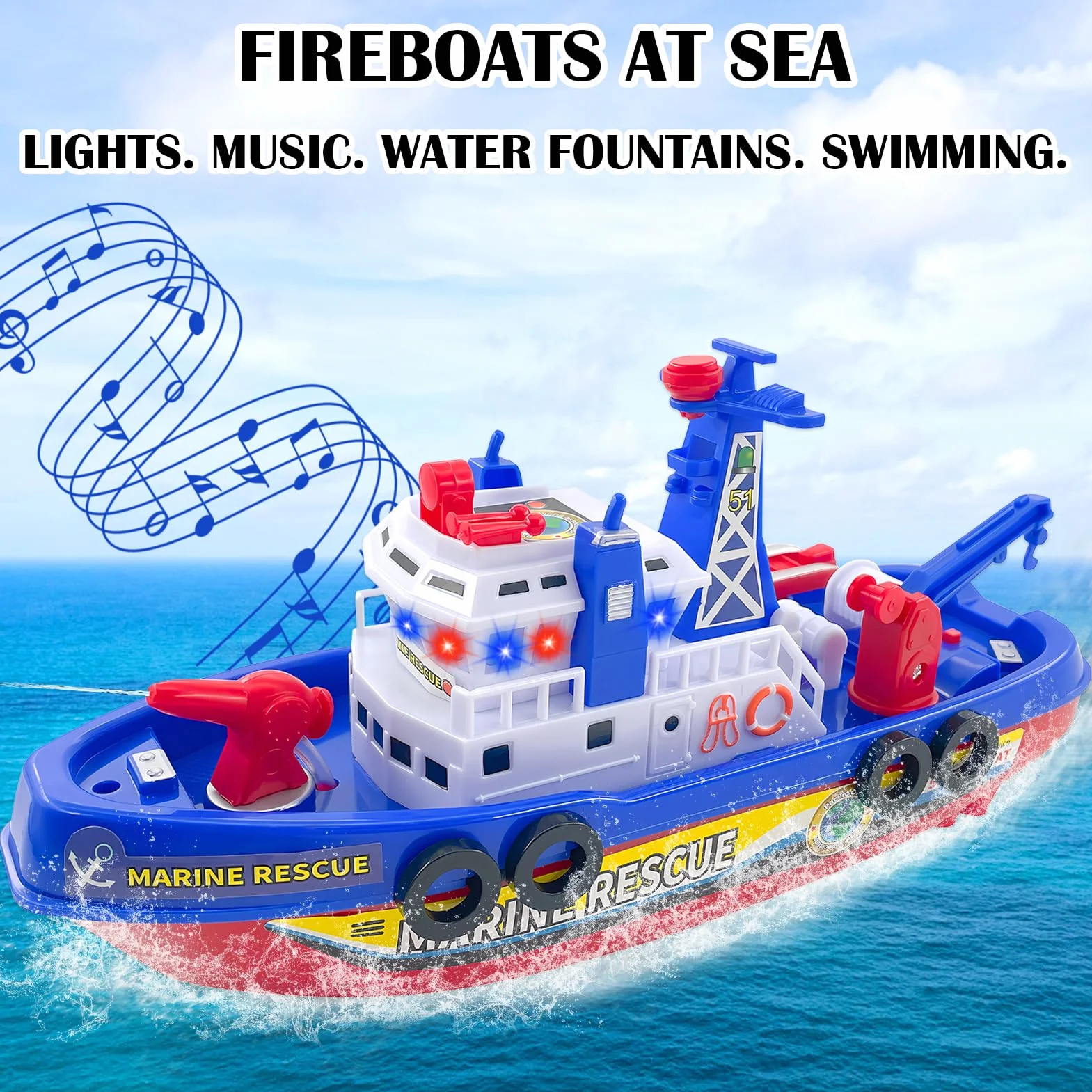 Barco de Juguete para Niños, Barco de Bomberos, Juguetes Acuáticos para Niños, Eléctrico Barco de Bomberos de Juguete con Pulverización LED Musical, Regalos Niños
