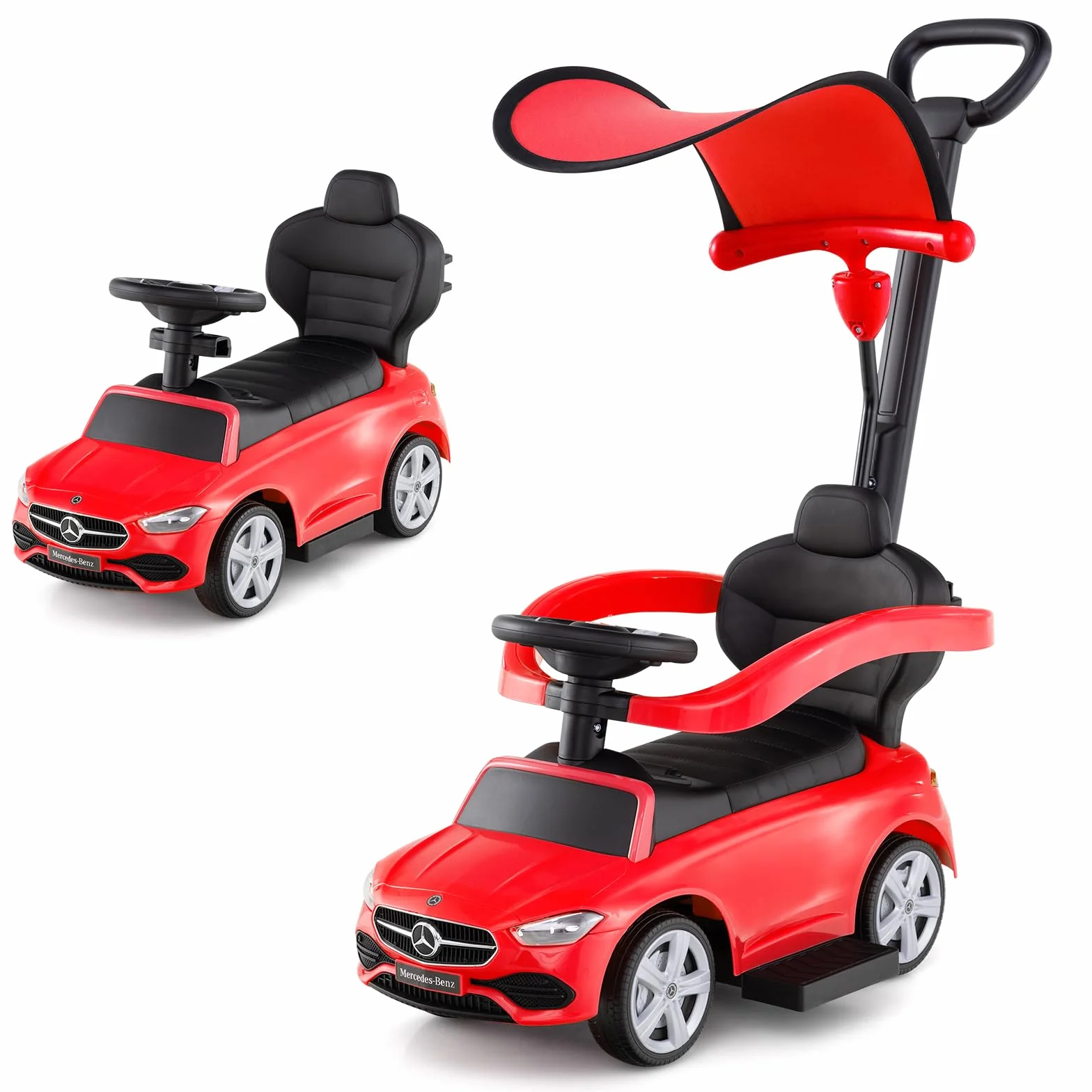 COSTWAY Coche Correpasillo 3 en 1 para Niños, Coche de Juguete con Barra de Empuje y Capota Ajustable, Coche con Pedal y Bocina para Niños de 18-36 Meses con Sonido (Rojo)