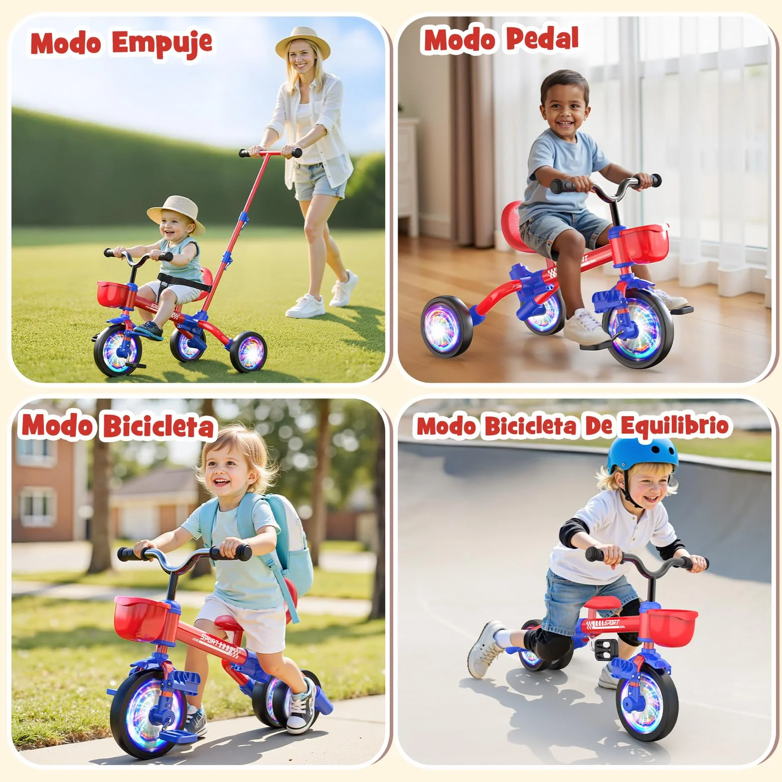 HappyGoLucky Triciclo 5 En 1 Evolutivo Bebe, Bici Bicicleta Niñas 1-3 Años-Ruedas Luminosas/Asa Parental/Asientos&Pedales Regulables