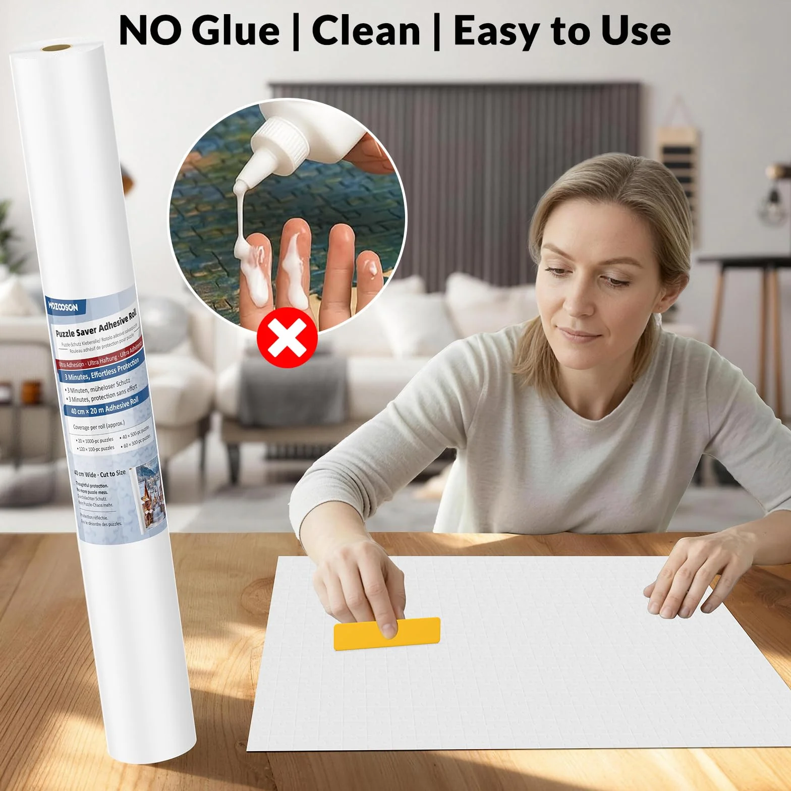 Pegamento para Puzzles en Rollo - 40cm x 20m Lámina Adhesiva de Aluminio para Conservar Puzzles Hasta 20 x 1000 piezas, Soporte Reforzado Anti-Humedad y Sin Deformación, Incluye Espátula de Aplicación