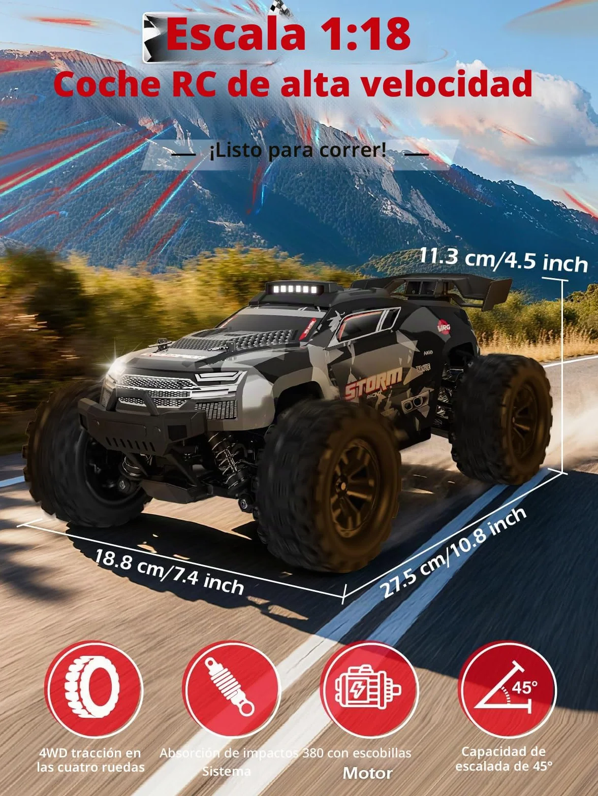 Kiztoys Coche Teledirigido - 2,4 GHz Coche RC Vehículo Todoterreno de Alta Velocidad 40 km/h Avec Lumières 1:18, 4WD Radiocontrol Buggy Crawler Controlados Juguete Regalo para Niños Adulto