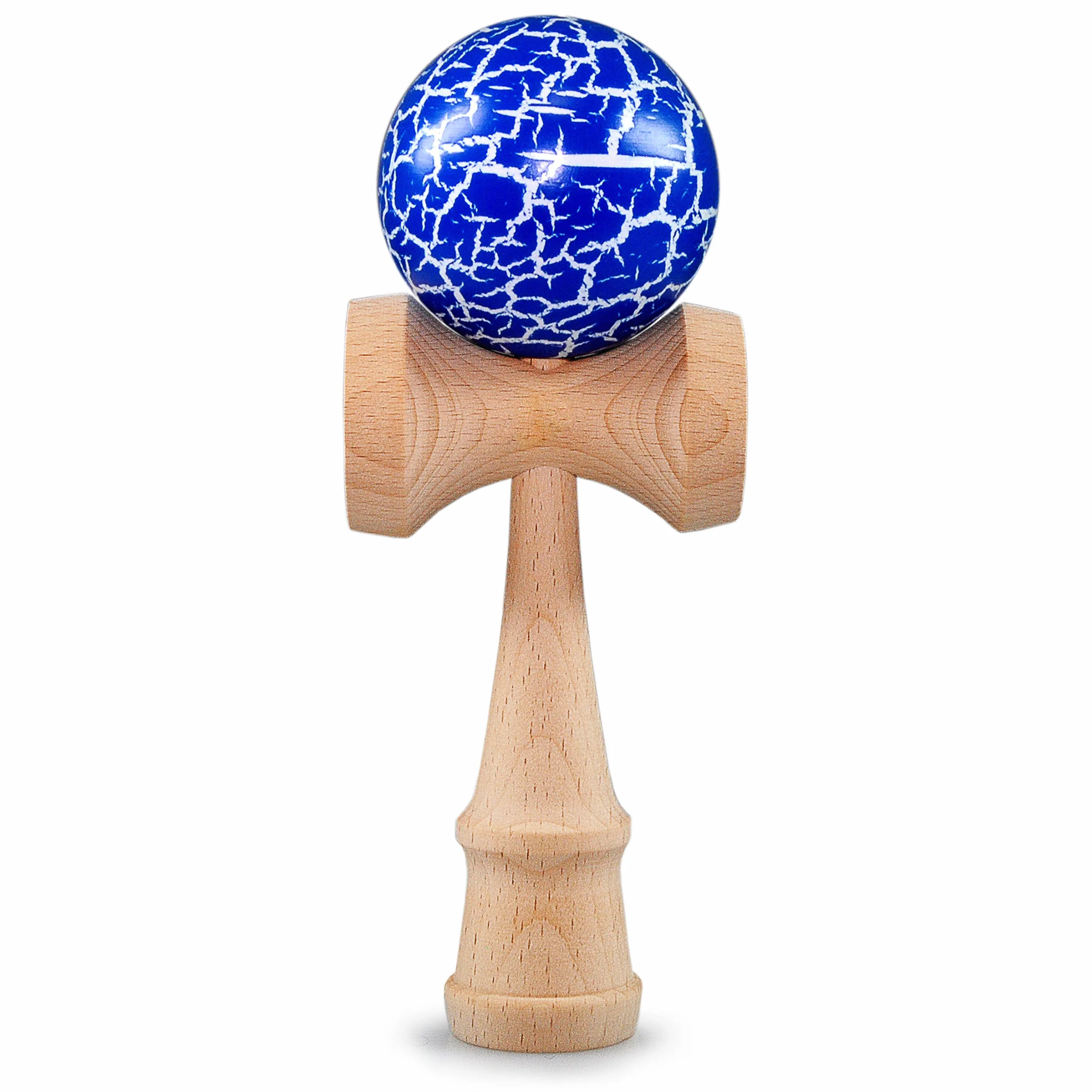 Ganzoo Kendama Tradicional japonés de Madera de Haya, diseño Azul Flash + Madera, Bola con Cuerda de Nylon y 3 Tazas, 16 cm de Alto, Bola 6 cm, Peso Total 144 g