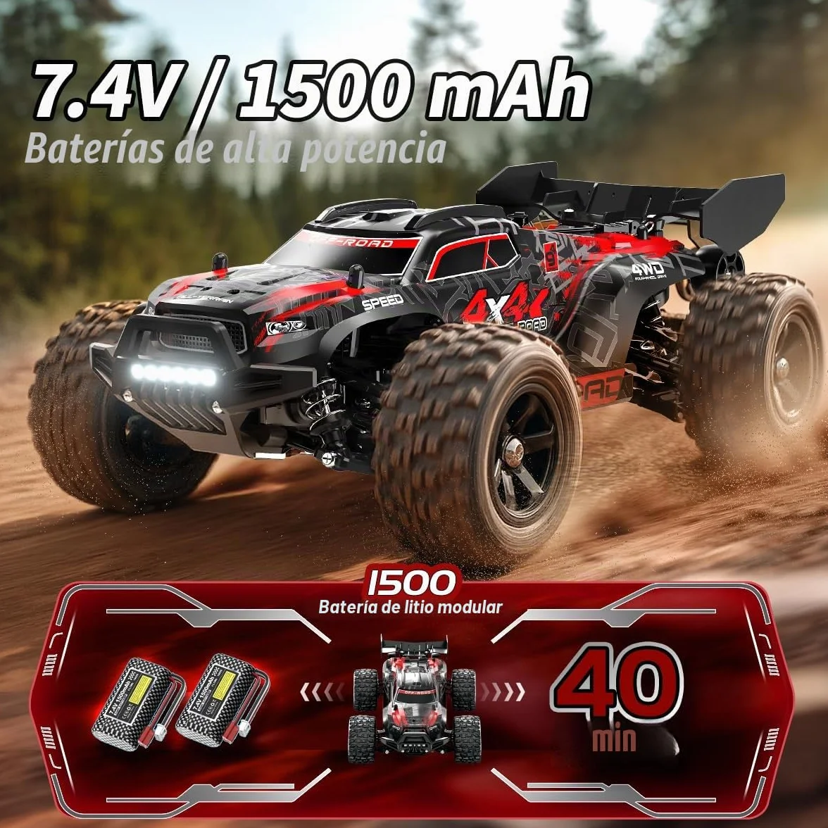 Coche teledirigido 4x4 Todoterreno 1:18 con Doble batería 1500 mAh, Velocidad 36 km/h, Dos carrocerías, con 2 carrocerías en Distintos Colores,Regalo Ideal para niños y Adultos