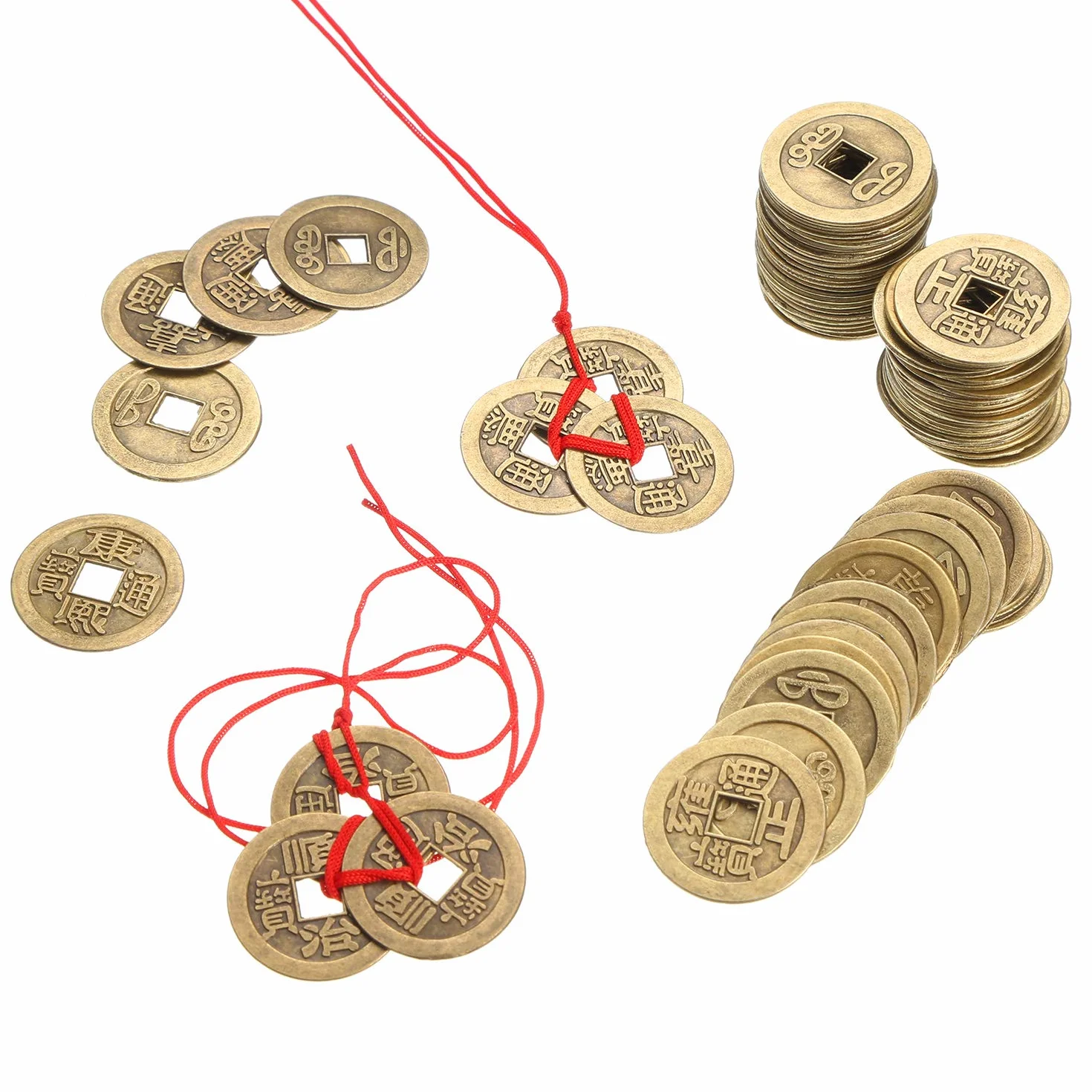 50 Piezas 1 Pulgada de Moneda Feng Shui China Moneda I Ching y 5 Juegos de Moneda de Riqueza con Cuerda Roja para Riqueza y Buena Suerte