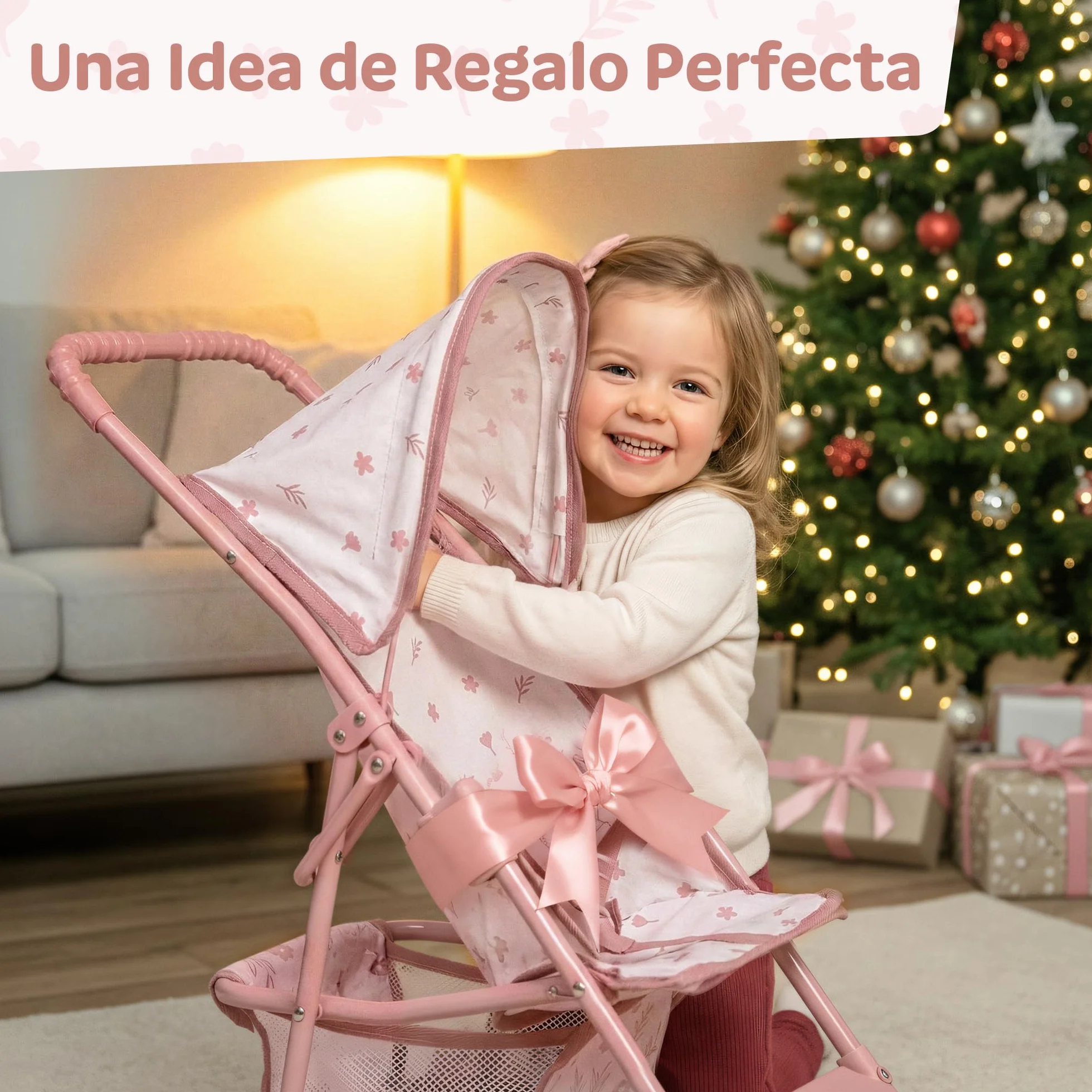Kinderplay Cochecito de muñecas a Partir de 3 años: Cochecito Plegable Ligero para niñas con Ruedas EVA, cinturón y Visera – Cochecito de Juguete Rosa para muñecas