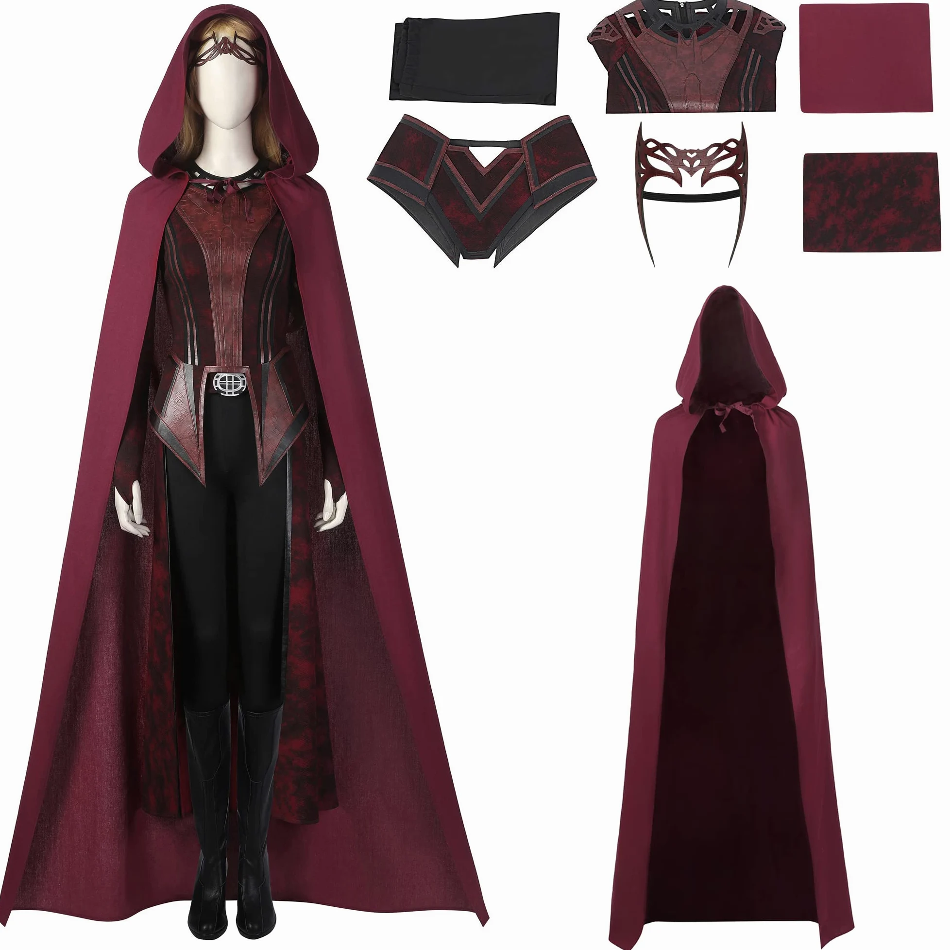 SINSEN Disfraz de bruja escarlata para mujer, disfraz de Wanda Maximoff, disfraz de cosplay con capucha, capa, chaqueta, pantalones, traje para la cabeza, fiesta de Halloween, conjunto completo