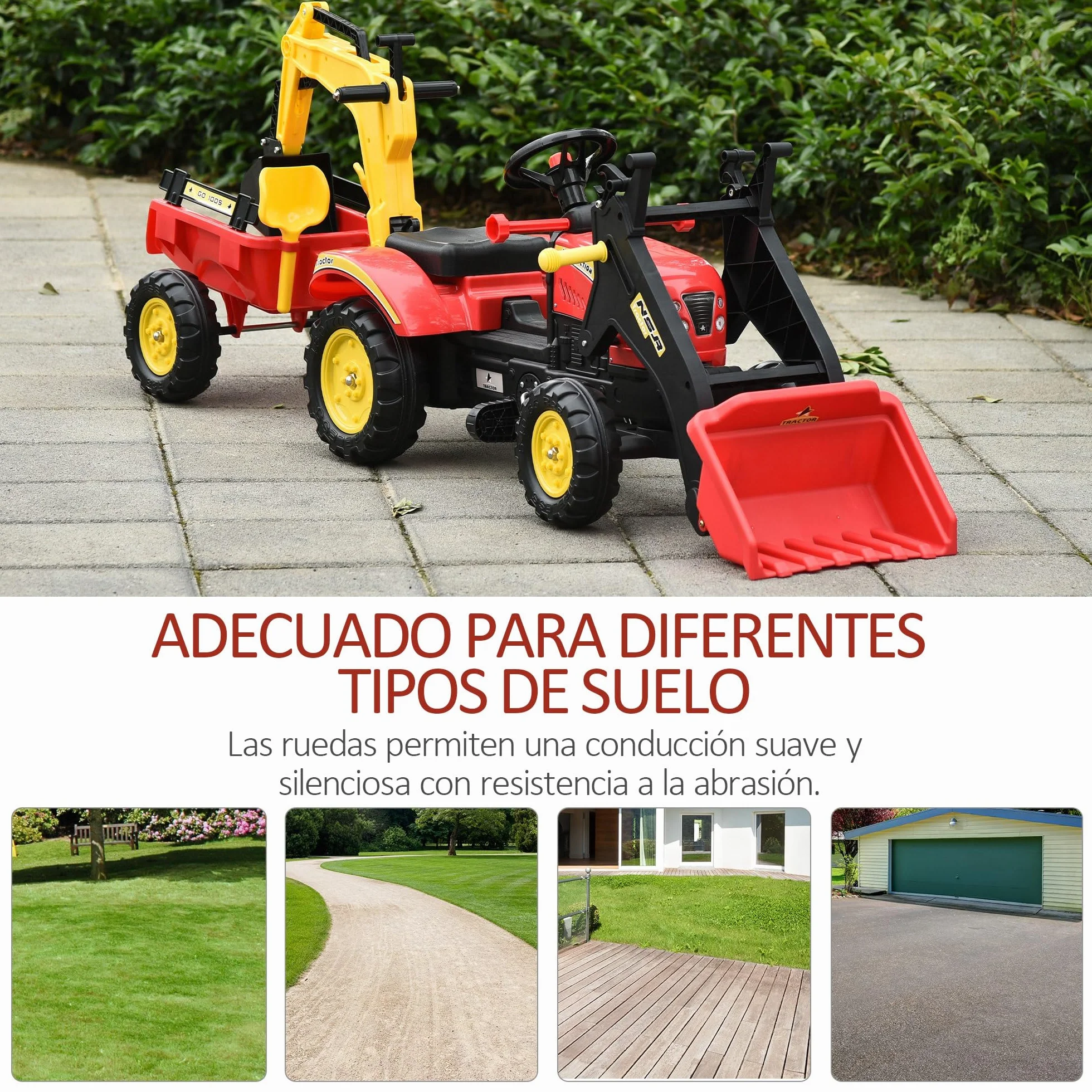 HOMCOM Tractor a Pedales con Remolque Excavador con Pala Frontal Juguete de Conducción para Mayores de 3 Años Dirección y Palas Fáciles de Controlar Soporta hasta 35 kg 179x42x59 cm Rojo