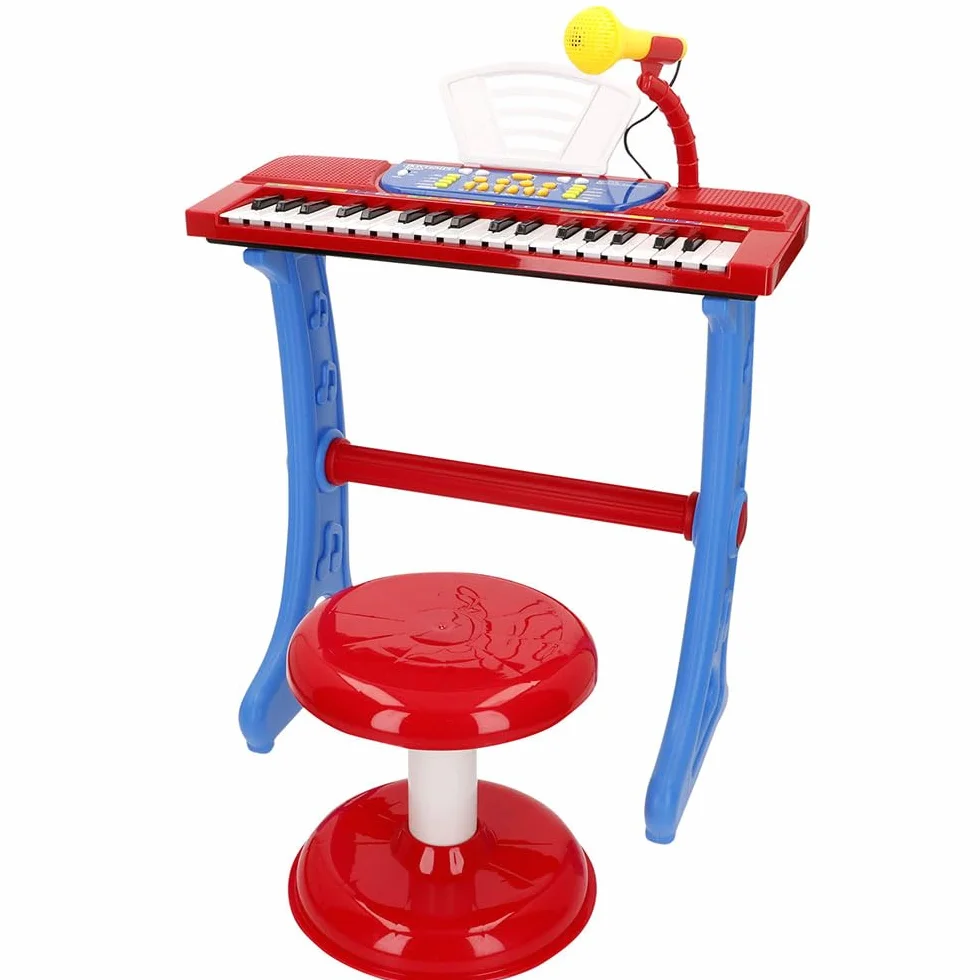 Bontempi Piano Infantil 37 Teclas con Taburete, micrófono y Atril, 4 Sonidos, 4 ritmos, 11 melodías, Función Aprendizaje Okon, Conexión USB-C o 4 Pilas AA (N/I), Juguete Musical, +3 años (47907)