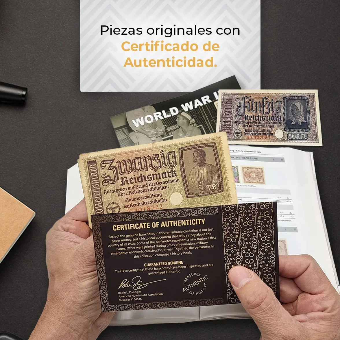 IMPACTO COLECCIONABLES | 2 Billetes Auténticos de la Segunda Guerra Mundial (Invasión del Tercer Reich) | Piezas de Colección Históricas de 20 y 50 Reichsmark con Certificado de Autenticidad