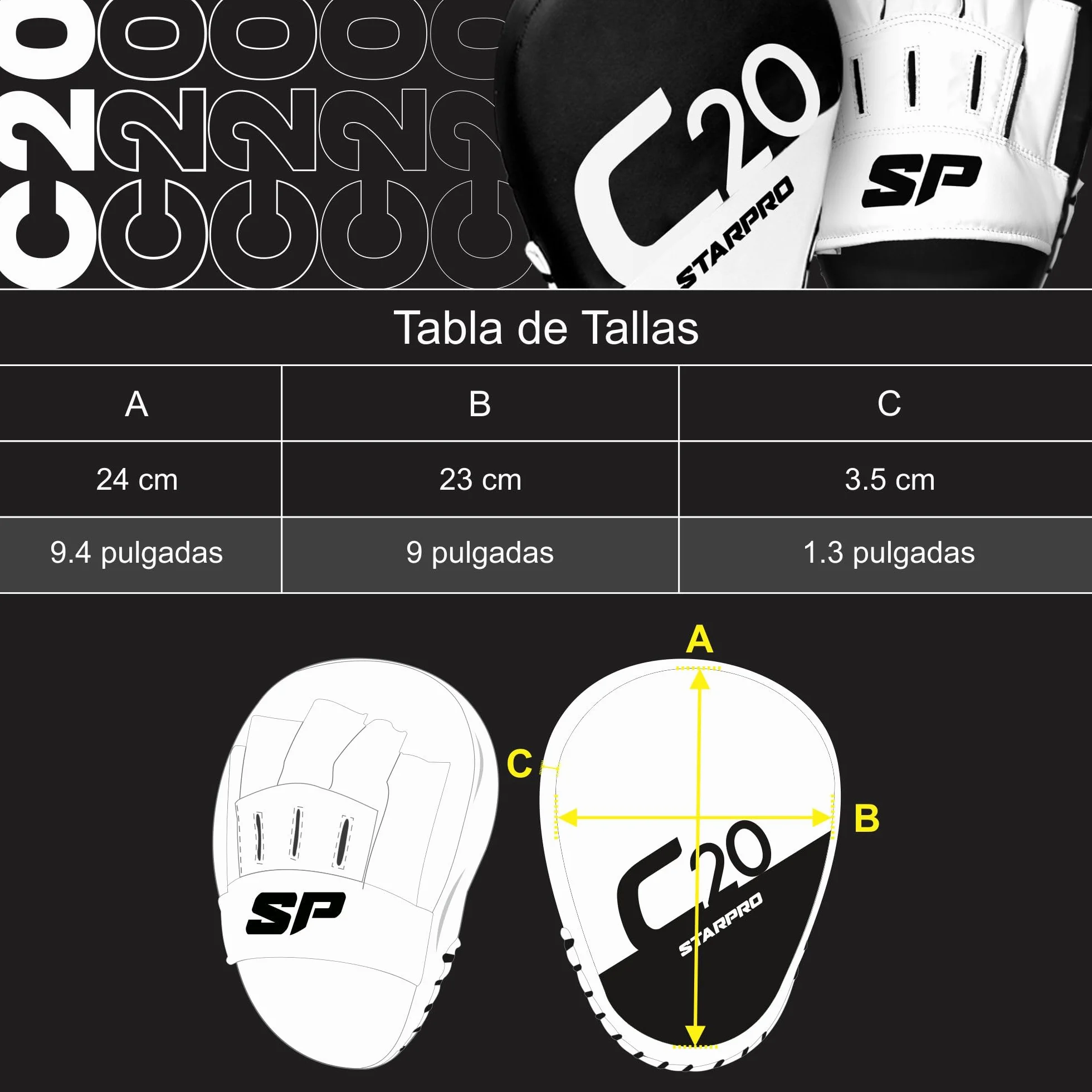 Starpro C20 Manoplas Boxeo Cuero sintético Almohadillas Entrenamiento Boxeo Muay Thai MMA Kick Boxing Negro Blanco