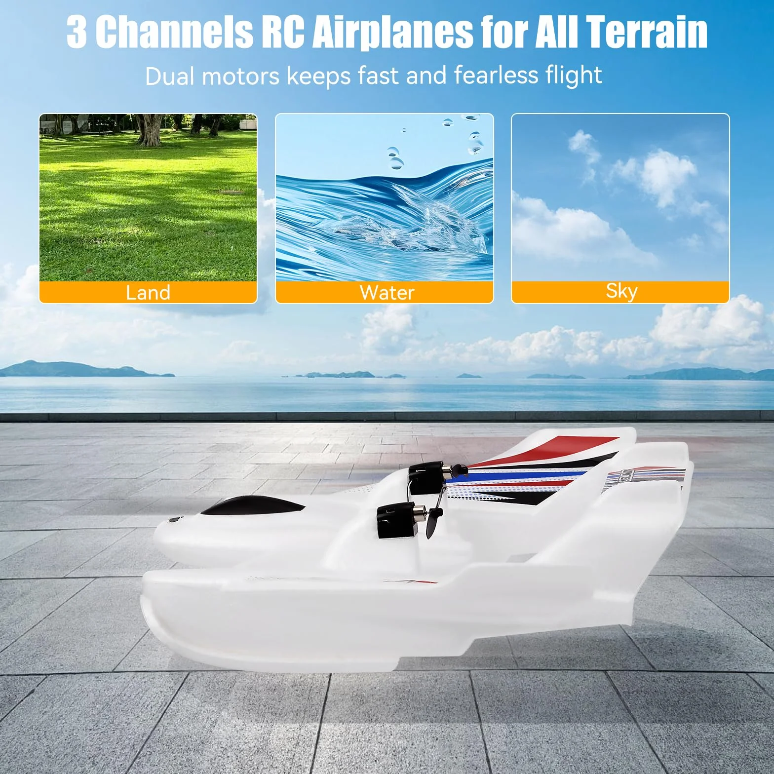 Avión RC Anfibio 3 en 1, 2.4GHz 3CH, para Tierra, Agua y Aire, con 2 Baterías, Material EPP, Blanco