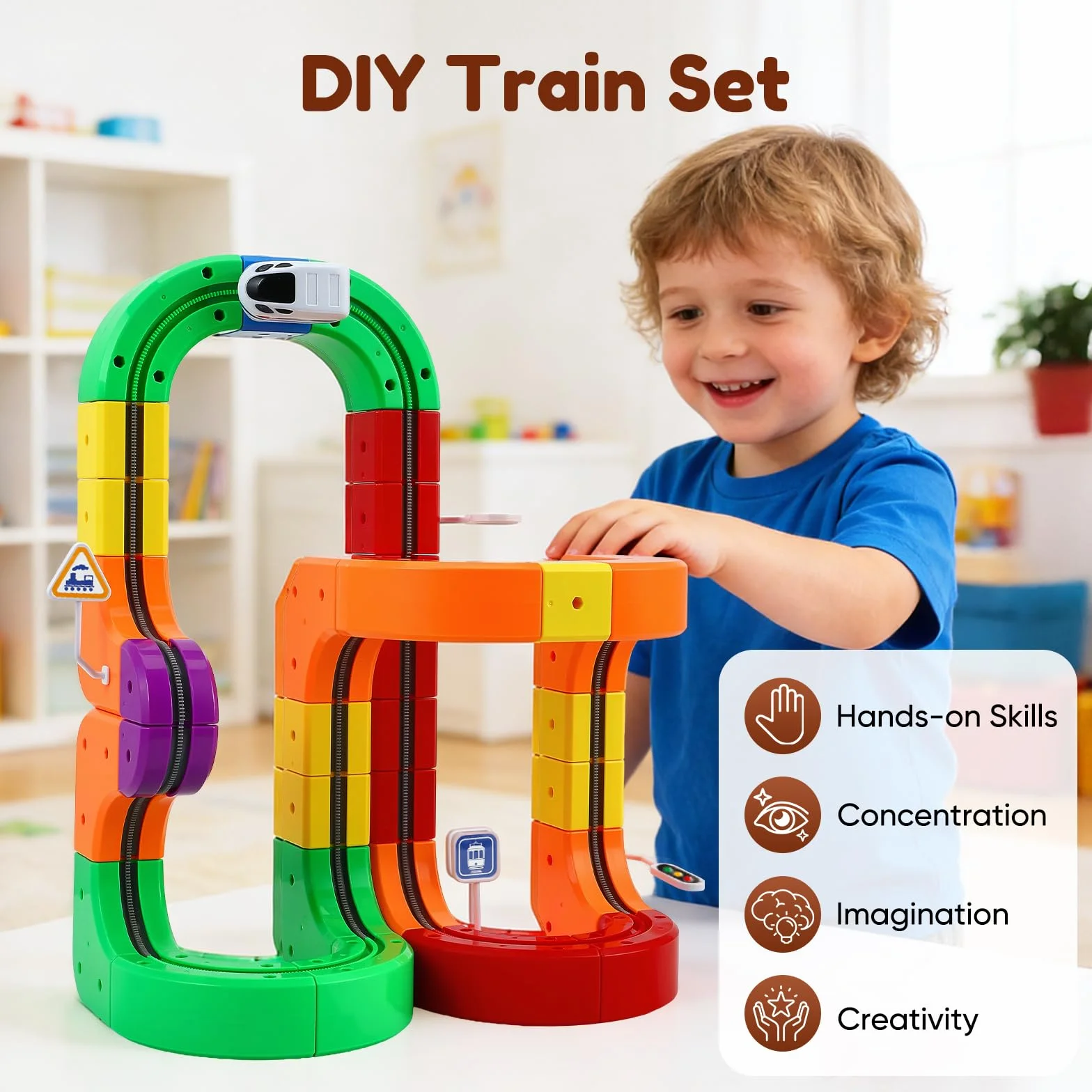 Juego de Trenes de Cubos mágicos 123 Piezas, Tren eléctrico 3D, Pista Flexible, Juguete construcción motorizado
