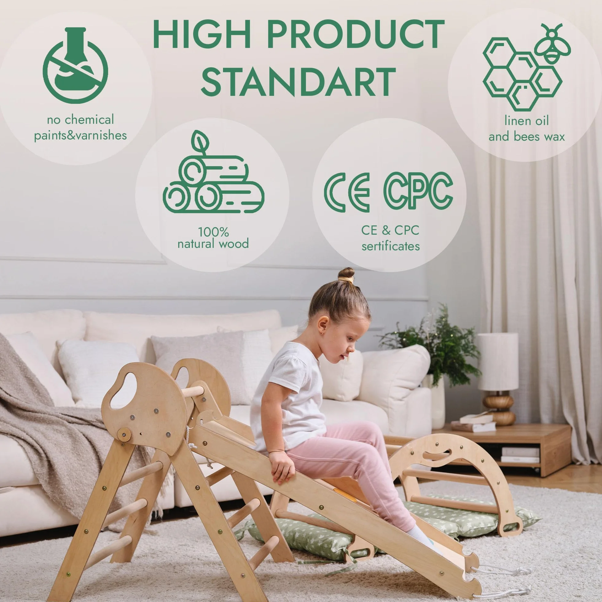 Estructura de Escalada 5 en 1 para Niños - Escalera Triángulo, Arco, Balance Board, Cojín, Gimnasio Montessori de Madera 1-3 Años