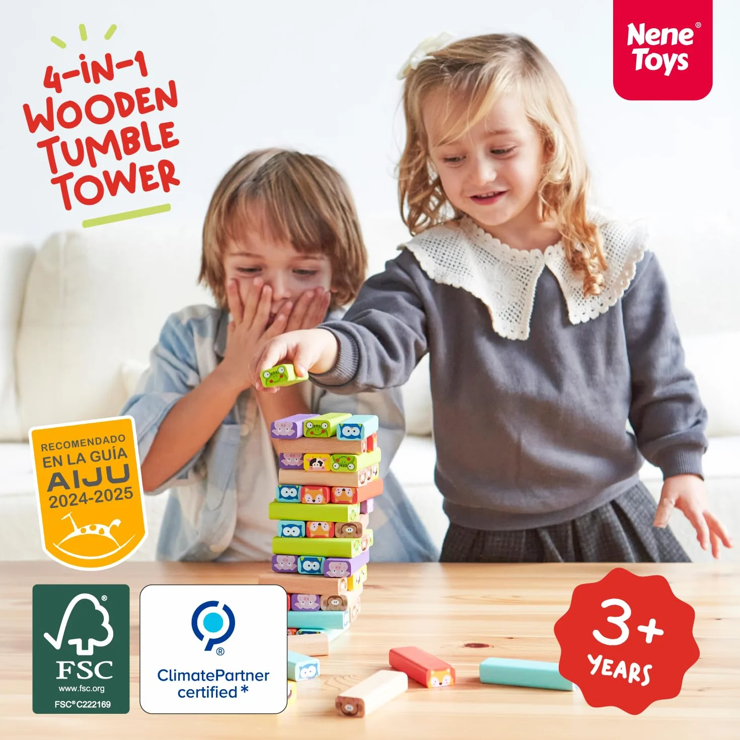 Nene Toys Torre de Bloques Infantil de Madera 4 en 1 – Juego de Mesa Educativo para Niños 3-9 años