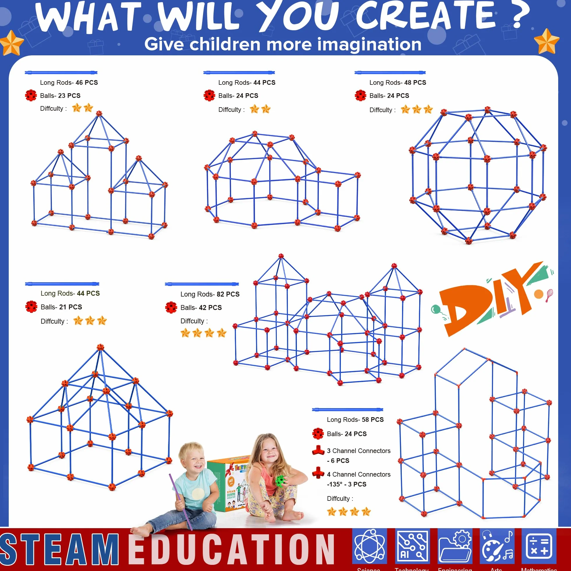 Kit De Construcción De Fortalezas para Niños, 140 Pcs Creative Fort Toy para Niños y Niñas De 4+ Años, Tienda De Juguetes DIY, Stem Juguete y Regalo, DIY Kit Castillos Túneles
