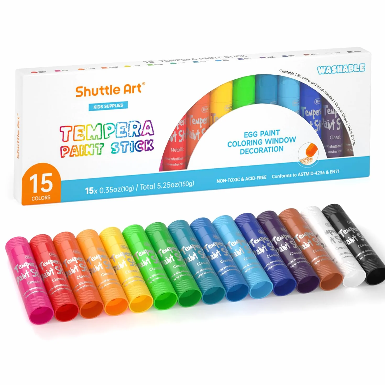 Palillos de pintura de témpera, 15 colores, pintura de témpera sólida para niños, secado súper rápido, pintura lavable, funciona muy bien en papel, madera, vidrio, cerámica y lienzo
