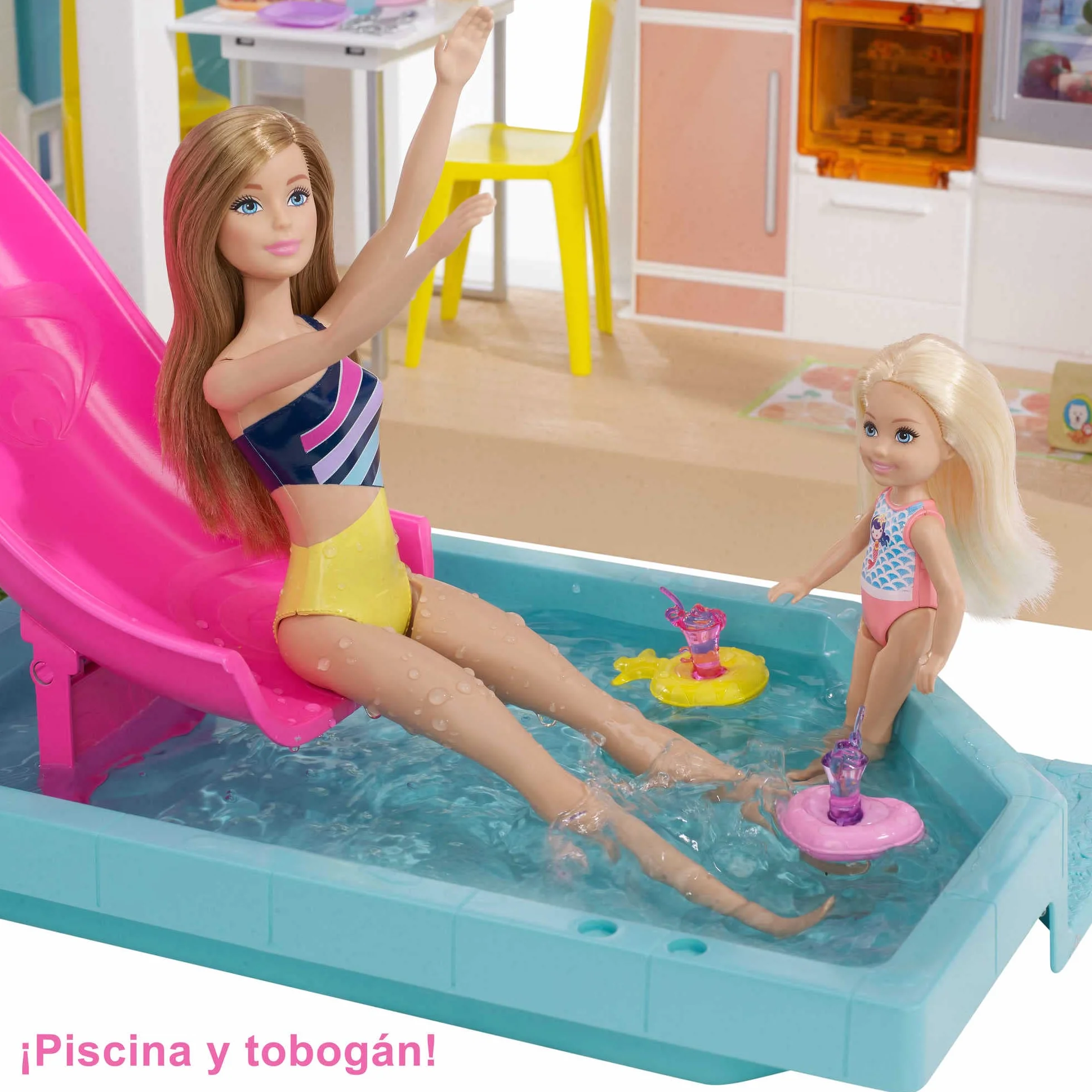 Barbie Casa de Muñecas Dreamhouse - con Piscina, Tobogán y Ascensor - Luces y Sonido - 75+ Piezas - 104 x 109 cm - Regalo para Niños de 3-7 Años, GRG93
