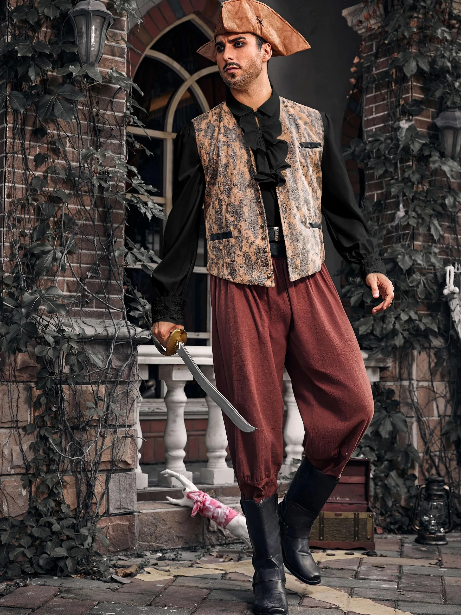 Runcati Camisa pirata para hombre, con volantes, victoriana, renacentista, steampunk, vampiro, poeta, disfraz medieval de Halloween, 01 Negro, Small