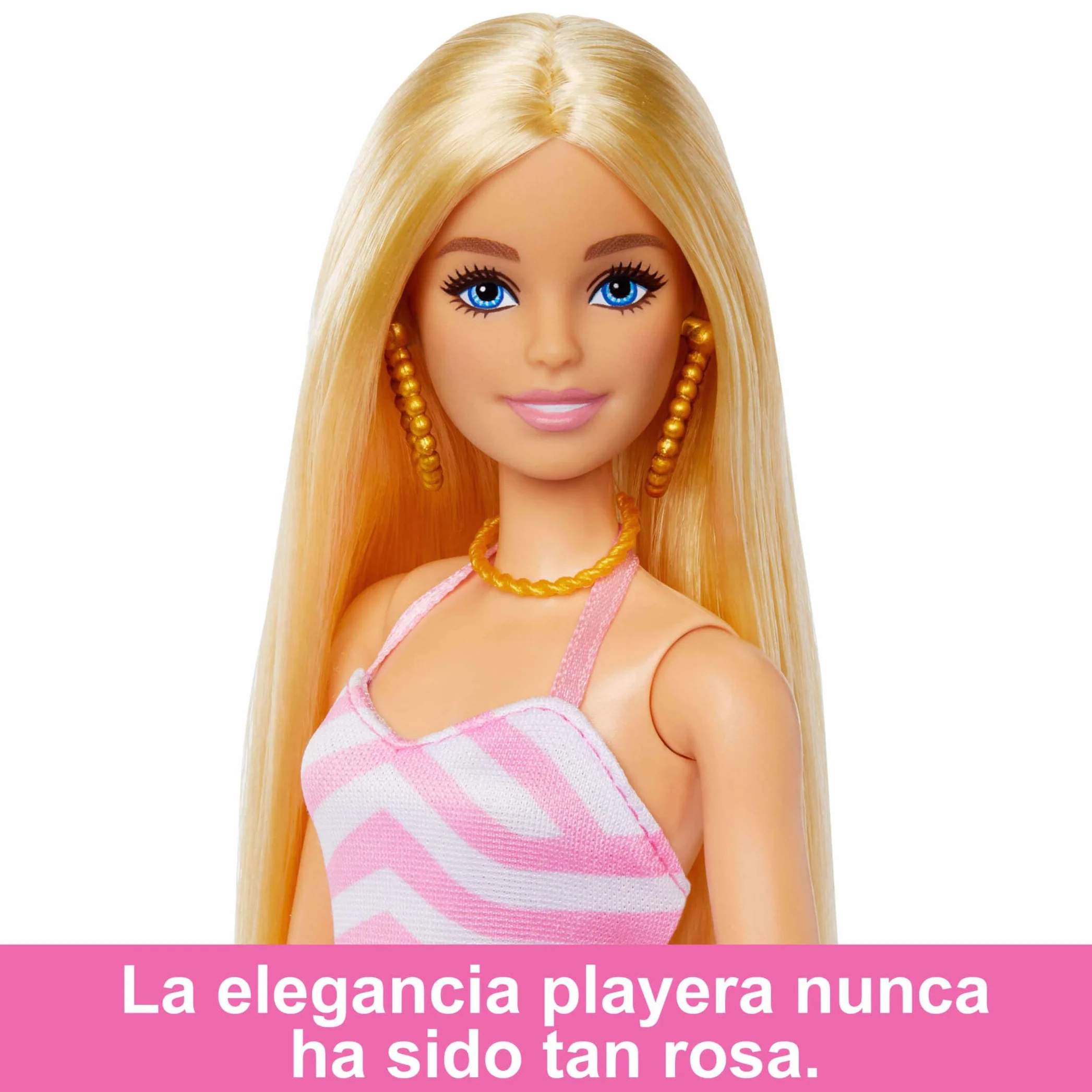 Barbie Muñeca Rubia con Traje de baño Rosa y Blanco, Sombrero, Bolso y Accesorios de Playa +3 años, HPL73