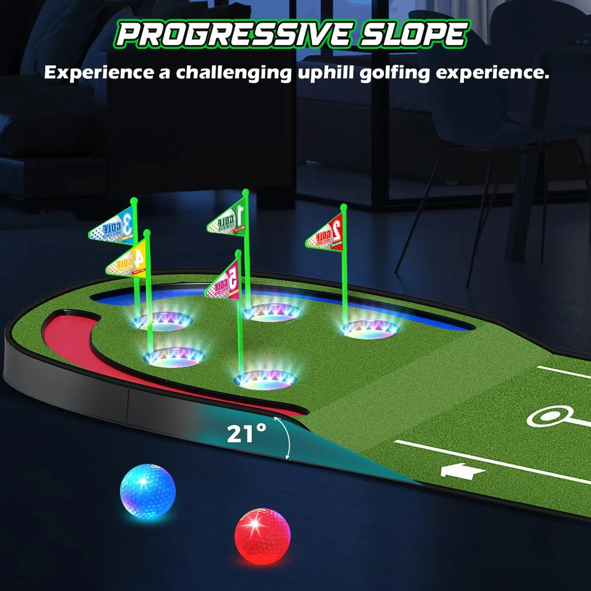 TERRAMUS - Tapete de Golf Mejorado para niños, Green de 2,3 m con Hoyos iluminados con LED, Bolas Brillantes, 2 Palos, Juego de Golf de Juguete, tapete de Golf para Interior y Exterior